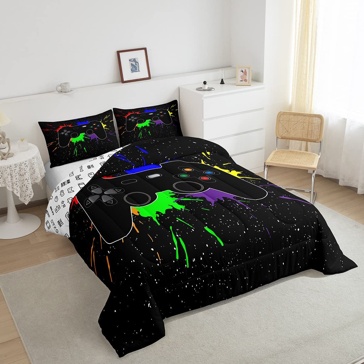 Erosebridal Twin Gaming Bedding Set for Boys - Watercolor Print Comforter & Sheet Set - Perfect for Kids' Bedrooms, Gaming Rooms & Toddler Beds