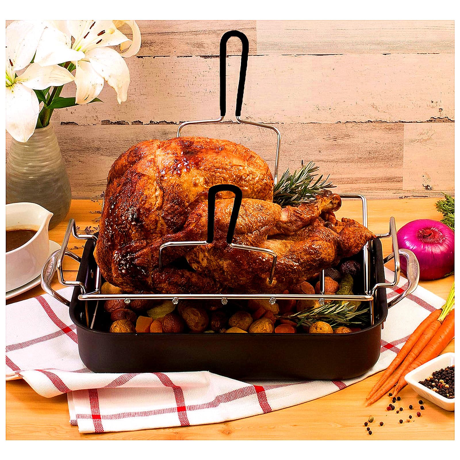 Premium Stainless Steel Turkey Lifter & Serving Set - 2-Prong Roast Meat Forks for Thanksgiving, Christmas & Holiday Dinners - Durable Poultry Lifters for Easy Carving & Serving - Perfect for Roast Turkey, Chicken & Ham