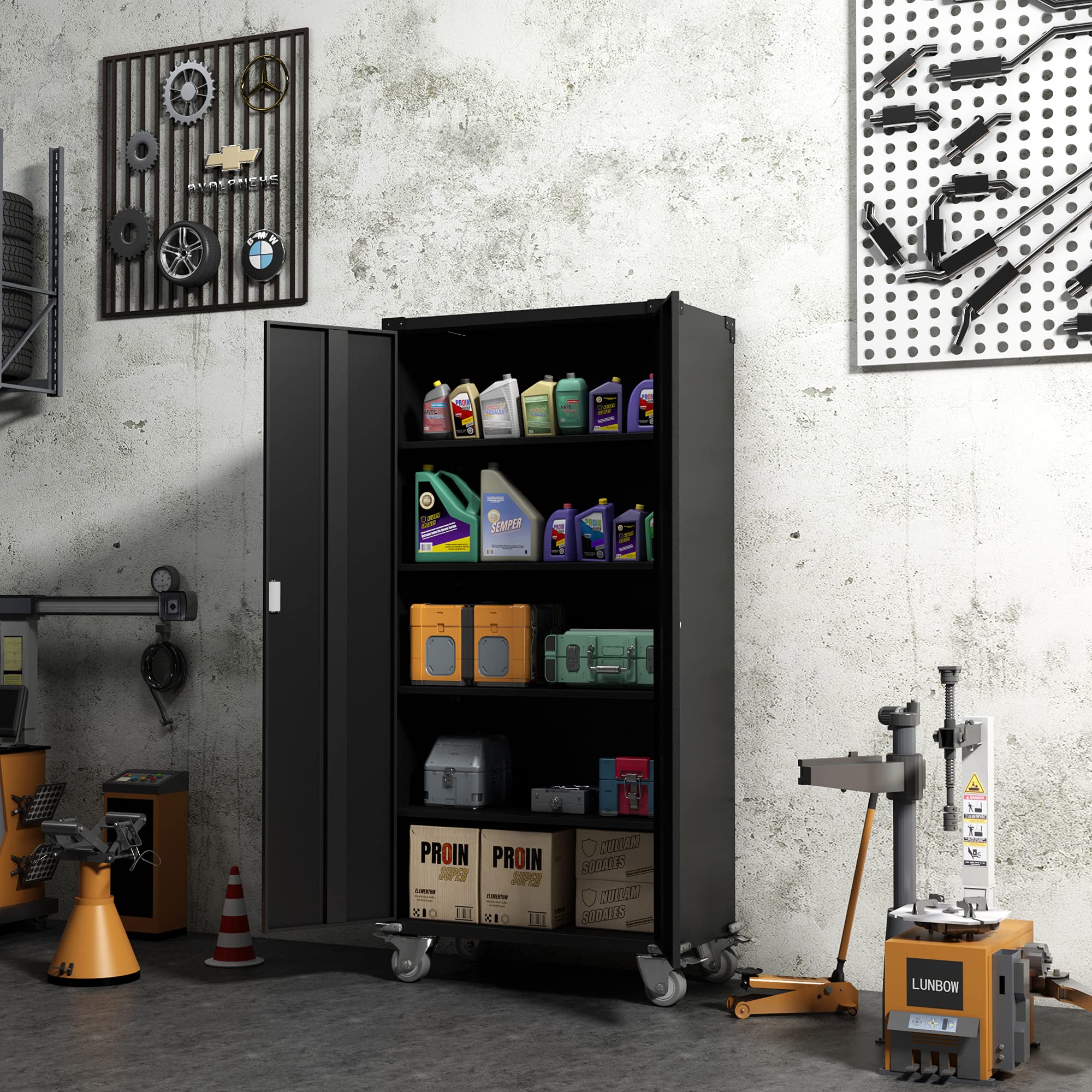 Aobabo 72-Inch Heavy-Duty Metal Garage Cabinet with Wheels - Lockable Rolling Storage Cabinet with 4 Adjustable Shelves - Black Utility Cabinet for Garage, Office & Home Organization (Assembly Required) - Perfect for Tools, Equipment & Household Storage