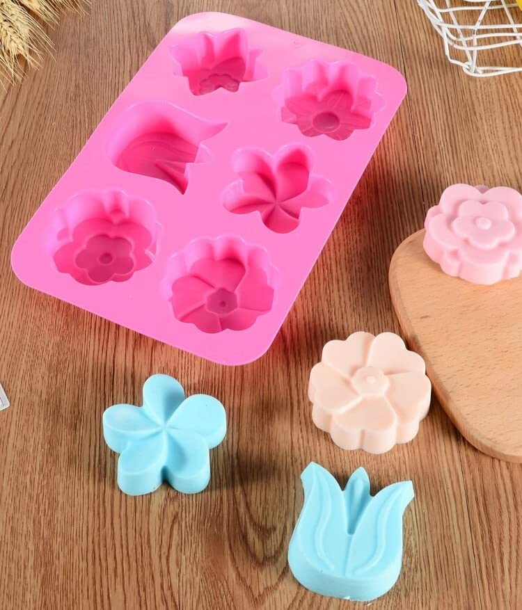 Premium 6-Cavity Silicone Flower Soap Mold Set - Non-Stick Tulip & Daisy Molds for DIY Soap, Candles, Chocolates, Resin Crafts - Perfect for Bath Bombs, Ice Cubes & Home Decor (6 Floral Designs)