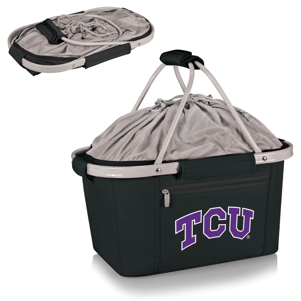 NCAA TCU Horned Frogs Insulated Collapsible Picnic Basket - Portable Cooler Tote Bag for Groceries, Beach, Camping & Tailgating - Purple & Black Market Shopping Basket