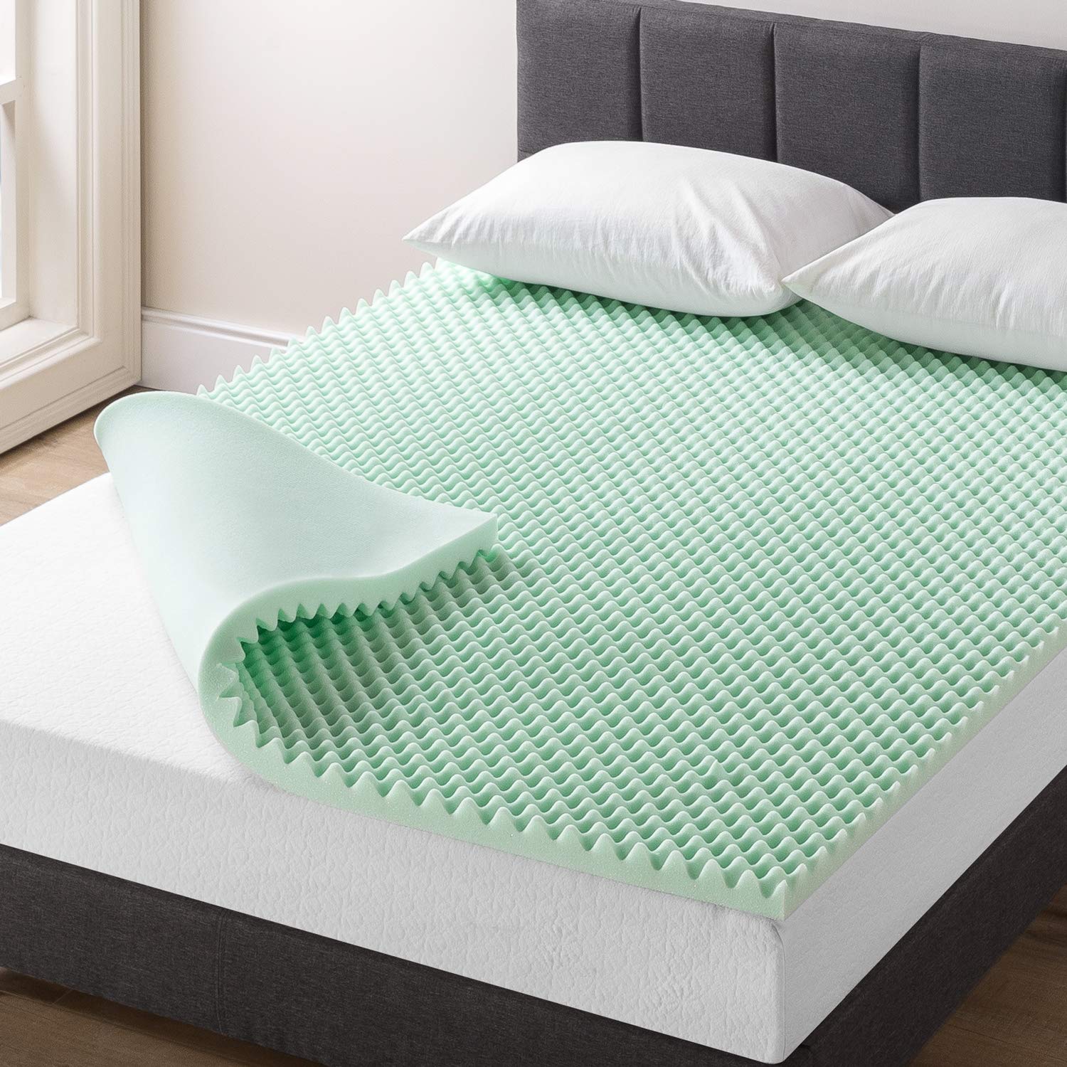 2 Inch Egg Crate Memory Foam Mattress Topper with Aloe Infusion - CertiPUR-US Certified, Queen Size, Green | Cooling Bed Topper for Pressure Relief & Back Pain | Perfect for Guest Beds, Dorms & Hot Sleepers