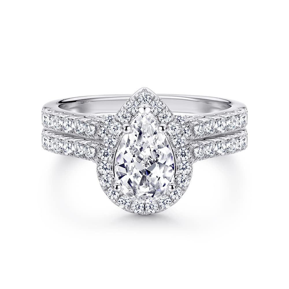 2 Carat Pear Shaped Moissanite Engagement Ring Set for Women - Platinum Plated Silver Wedding Band & Teardrop Bridal Set | Perfect for Proposals, Anniversaries & Special Occasions