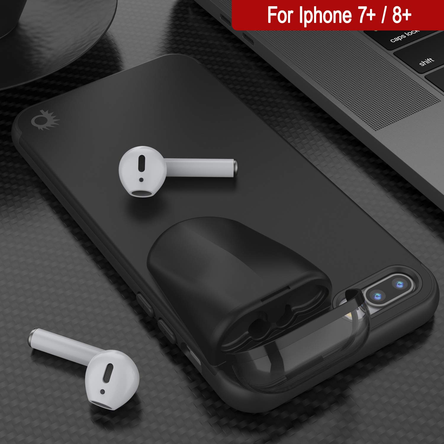 Punkcase iPhone 8 Plus Case with AirPods Holder - Slim & Durable 2-in-1 Protective Cover for iPhone 8 Plus (5.5 Inch) - Compatible with AirPods 1 & 2 - Perfect for Gym, Travel & Everyday Use [Black]