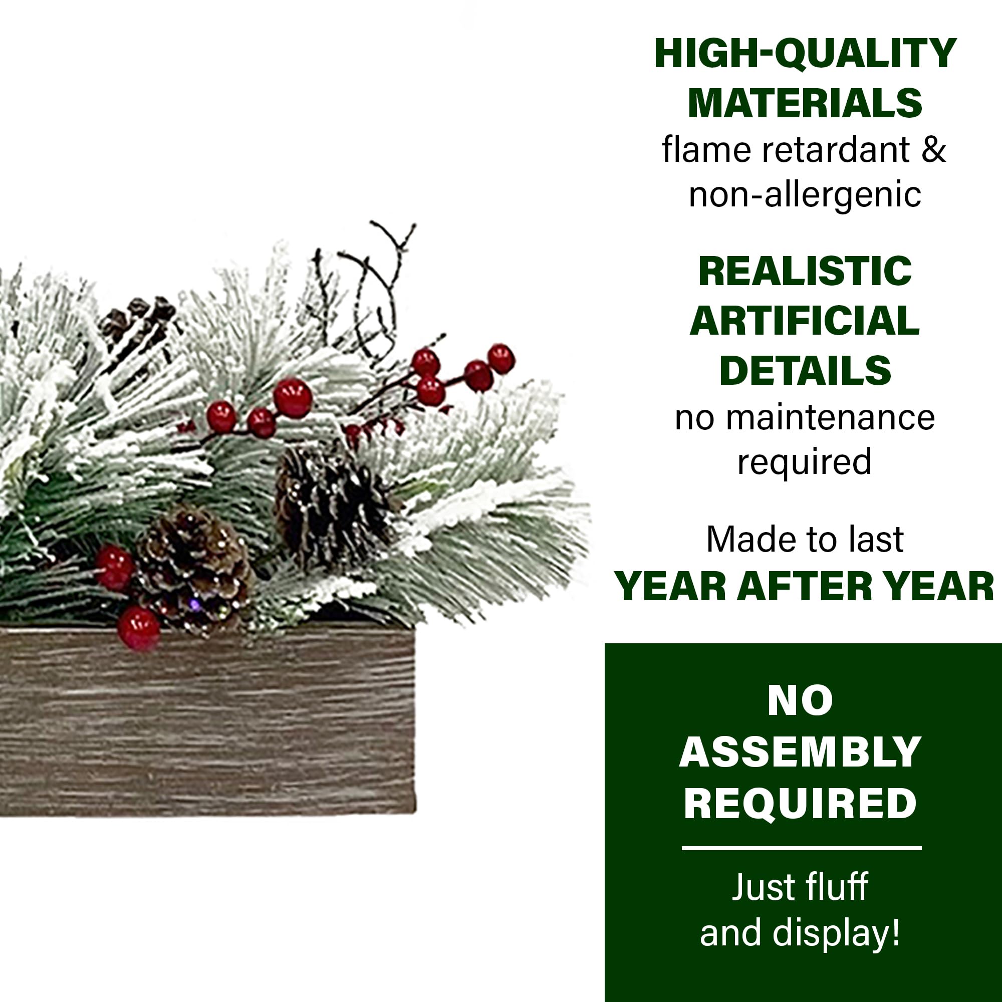 Fraser Hill Farm 42-Inch Frosted Pine Christmas Tabletop Candle Holder with Red Berries & Pinecones - Holds 5 Pillar Candles, Holiday Home Decor for Mantel, Dining Table & Festive Centerpieces