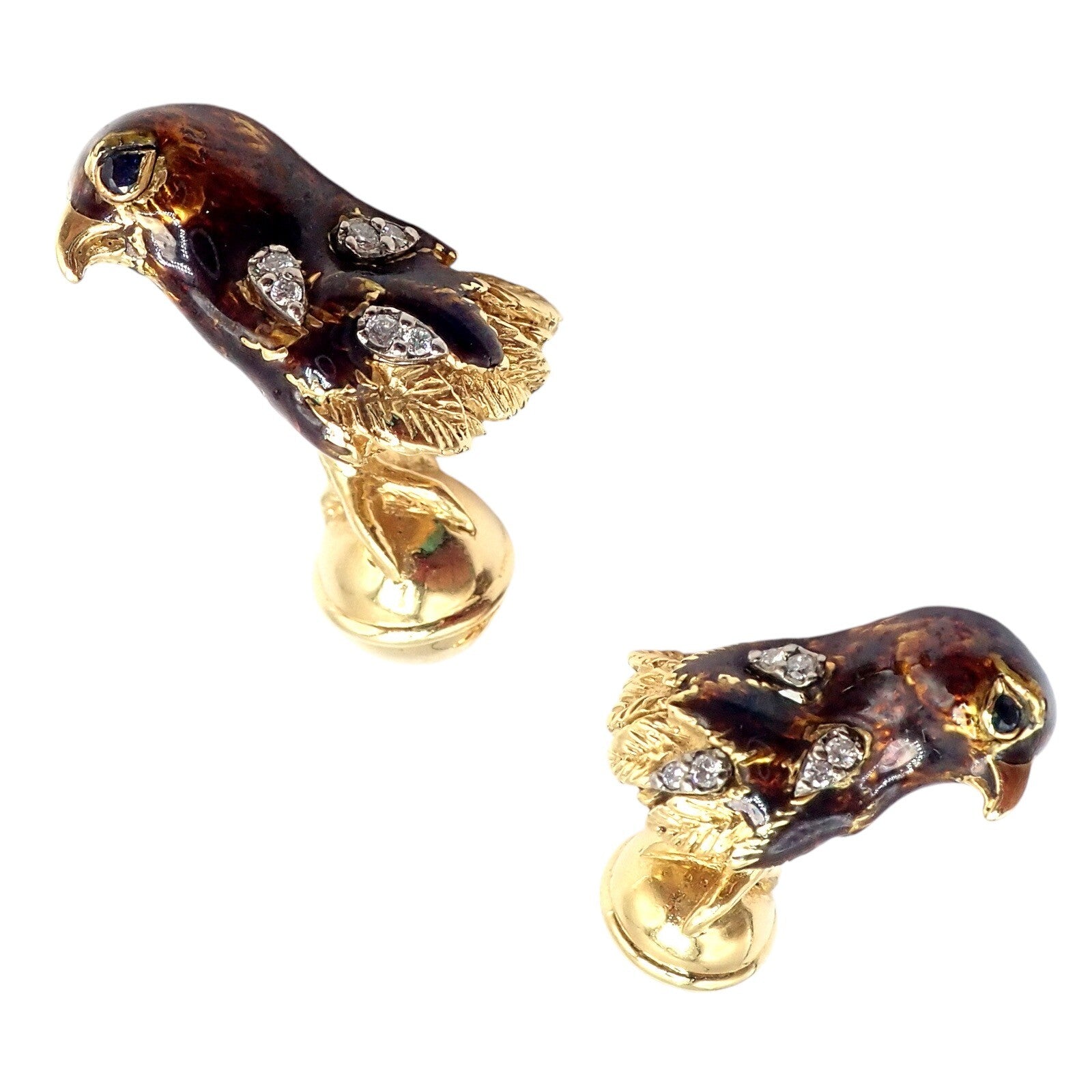 Vintage Tiffany & Co. 18k Yellow Gold Diamond Enamel Falcon Eagle Bird Cufflinks - Luxury Men's Jewelry Gift for Formal Events & Business Occasions