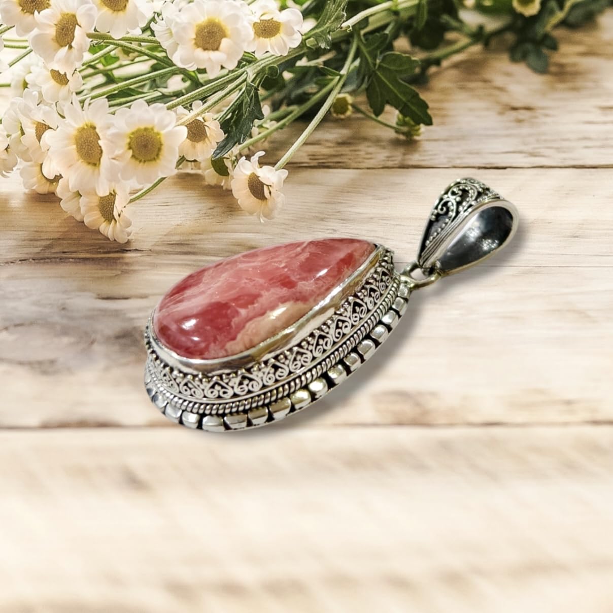 925 Sterling Silver Pendant Necklace for Women & Men - Genuine Rhodochrosite Gemstone Tribal Design Handmade Jewelry - Perfect Gift for Birthday, Anniversary & Special Occasions