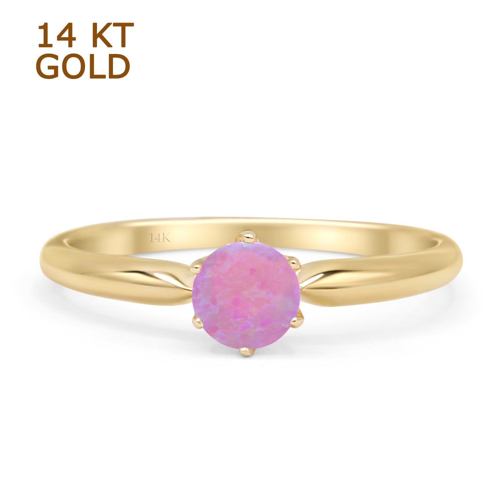 14K Yellow Gold Round Lab-Created Pink Opal Solitaire Ring for Women | Elegant Engagement, Wedding, Anniversary Gift | Dainty Minimalist Jewelry for Everyday Wear
