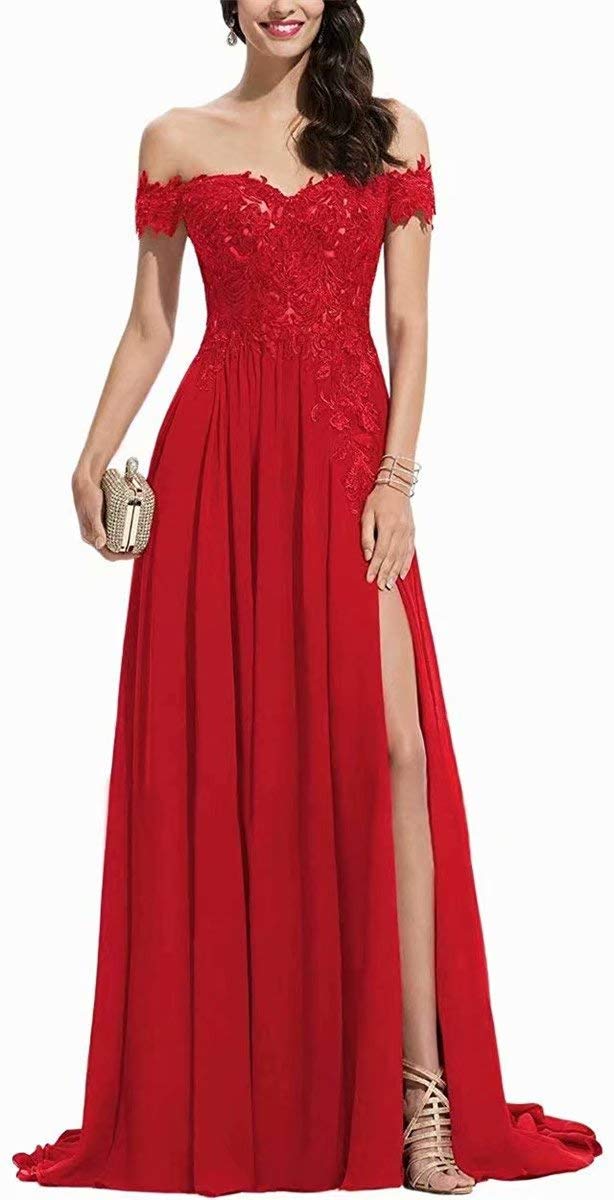 Elegant Off Shoulder Prom Party Dress with Slit & Lace Detail - Long Chiffon Formal Evening Gown for Women | Perfect for Homecoming, Wedding Guest & Cocktail Events