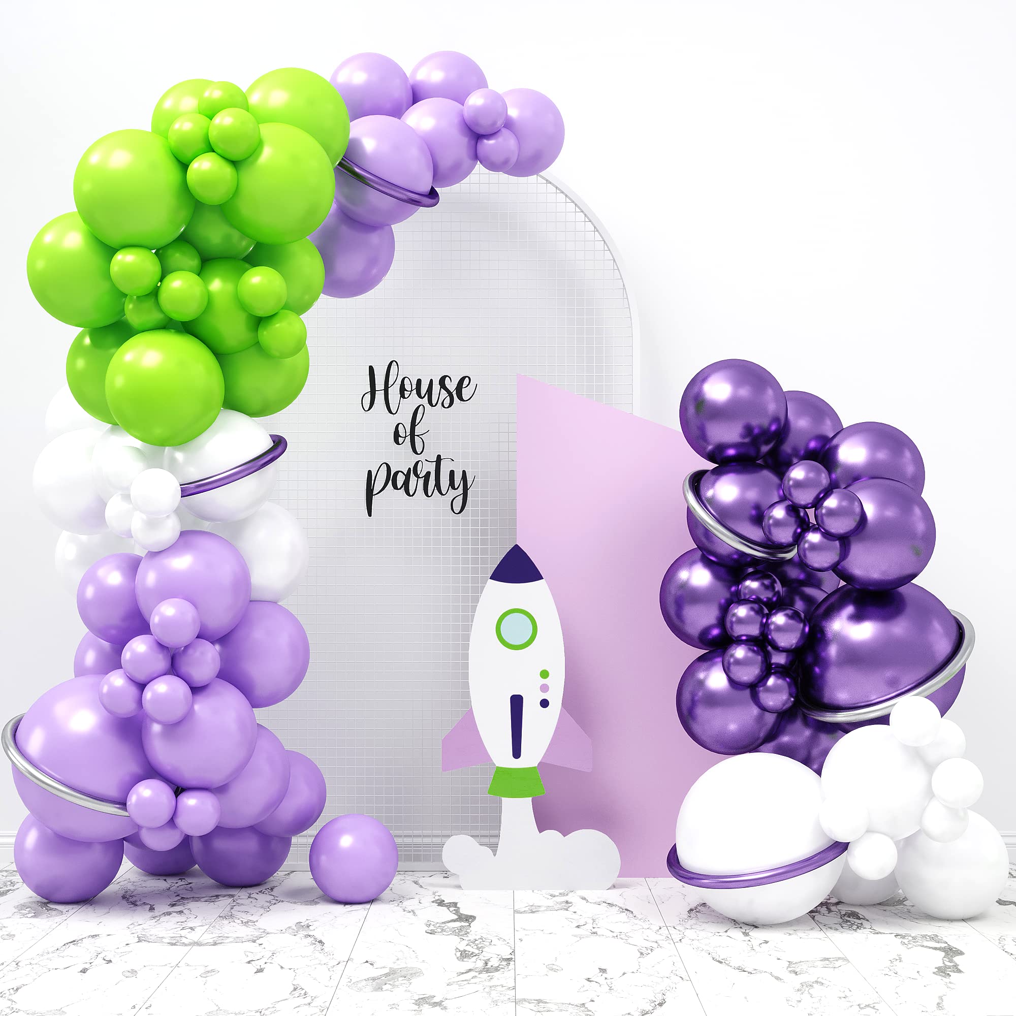 HOUSE OF PARTY 110-Piece Buzz Balloon Garland Kit - Purple Green & White Latex Balloons for Lightyear Themed Birthday Party Decor, Baby Shower Supplies | Perfect for Kids Birthday Parties, Bridal Showers & Gender Reveal Events