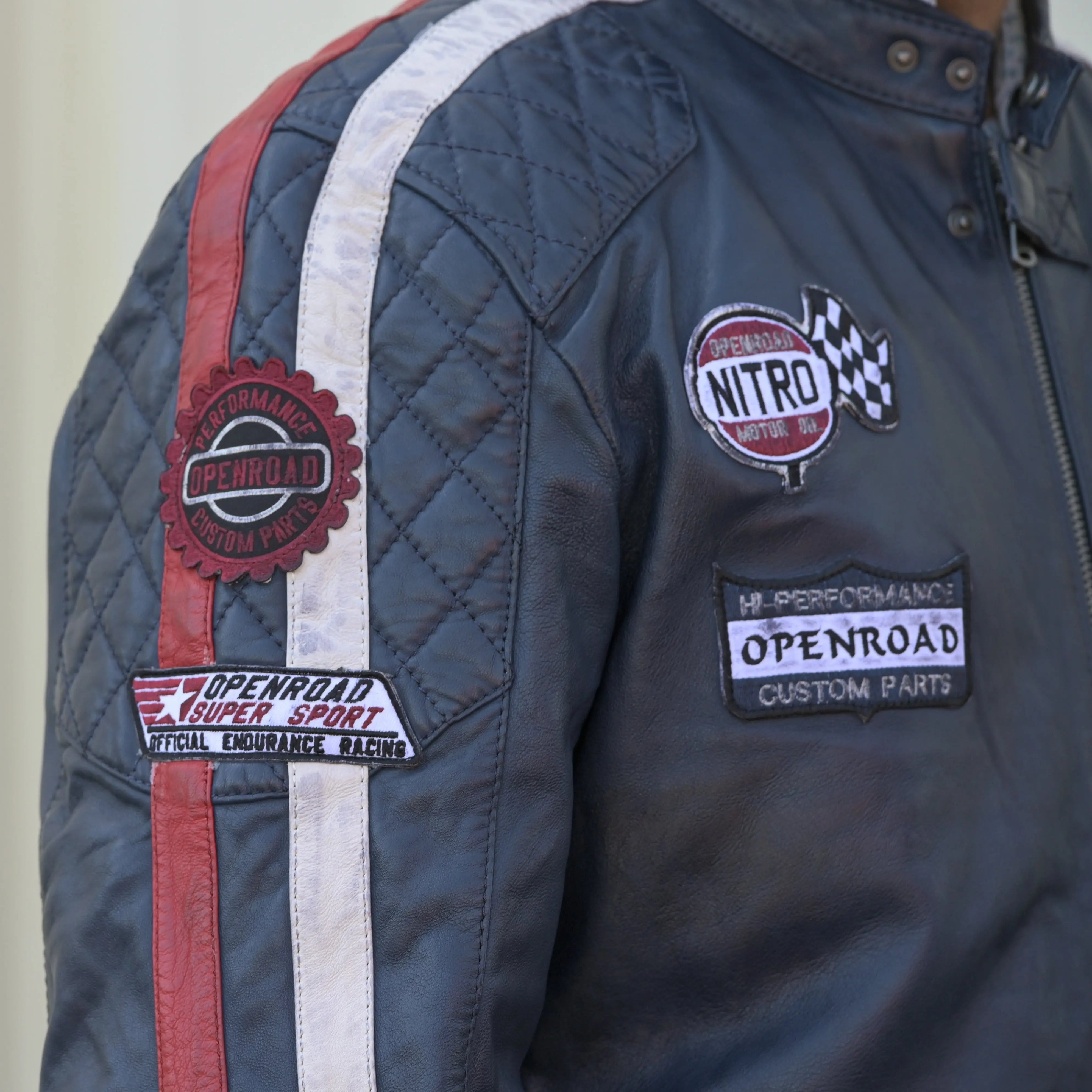 Men's Vintage Racer Jacket with Embroidered Patches & Striped Details - Perfect for Motorcycle Riding, Casual Outfits & Streetwear Fashion
