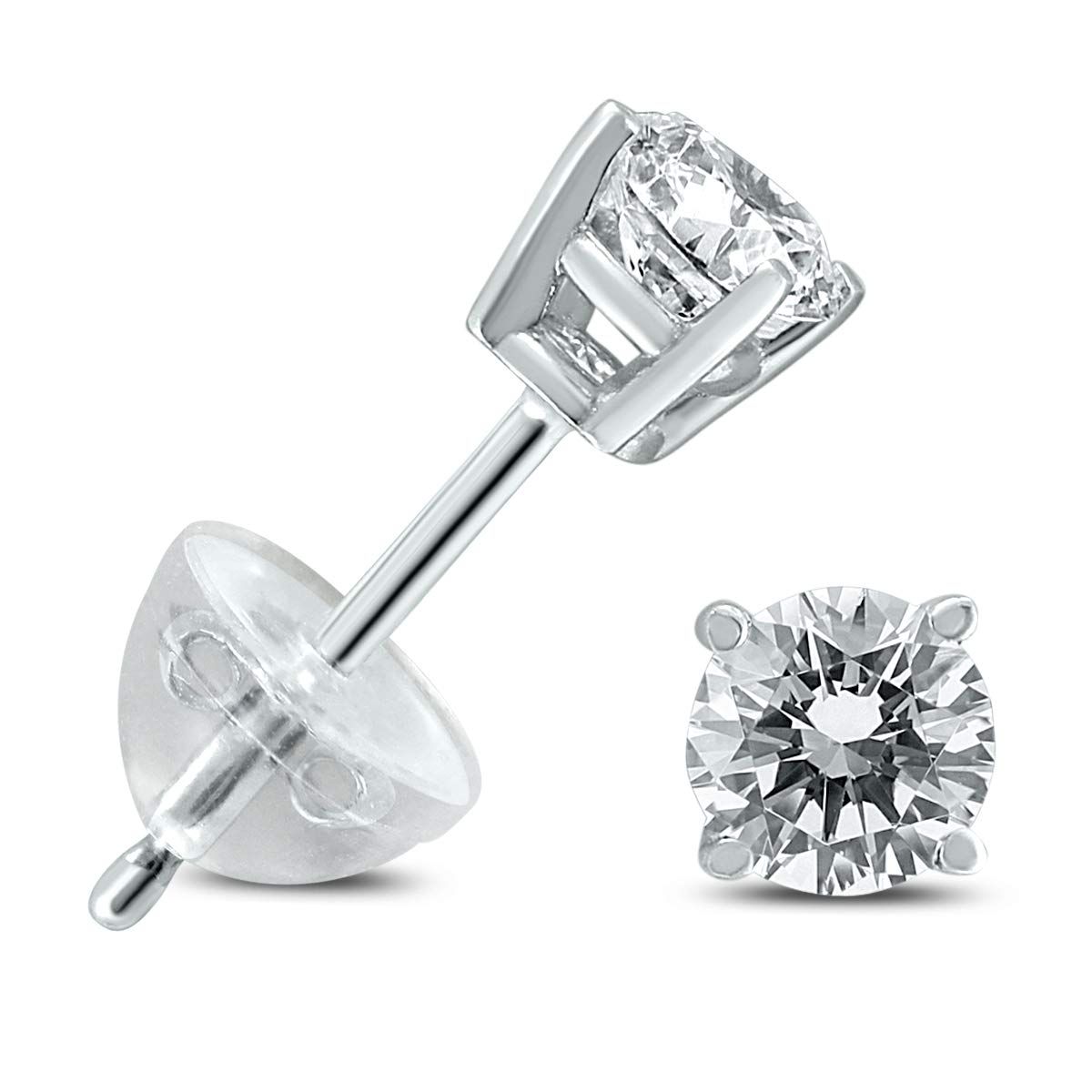 14K White Gold Diamond Solitaire Stud Earrings (0.04-0.65 Carat TW) with Secure Silicon Backs - Perfect for Everyday Wear, Gift Giving & Special Occasions