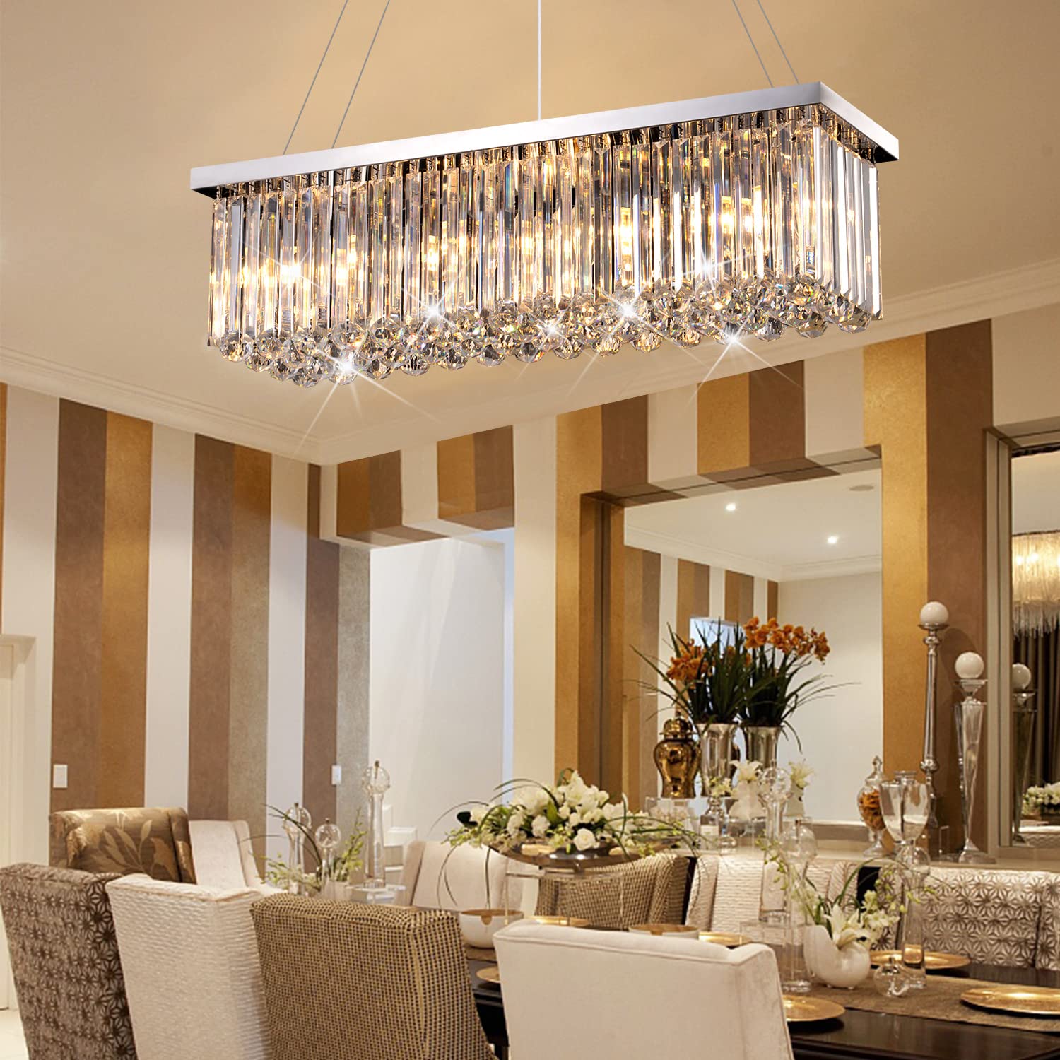 Modern Silver Rectangular Crystal Chandelier - Luxury Chrome Pendant Ceiling Light for Dining Room, Kitchen Island, Living Room & Bar | Elegant Lighting Fixture for Home Decor, Wedding Venues & Restaurants