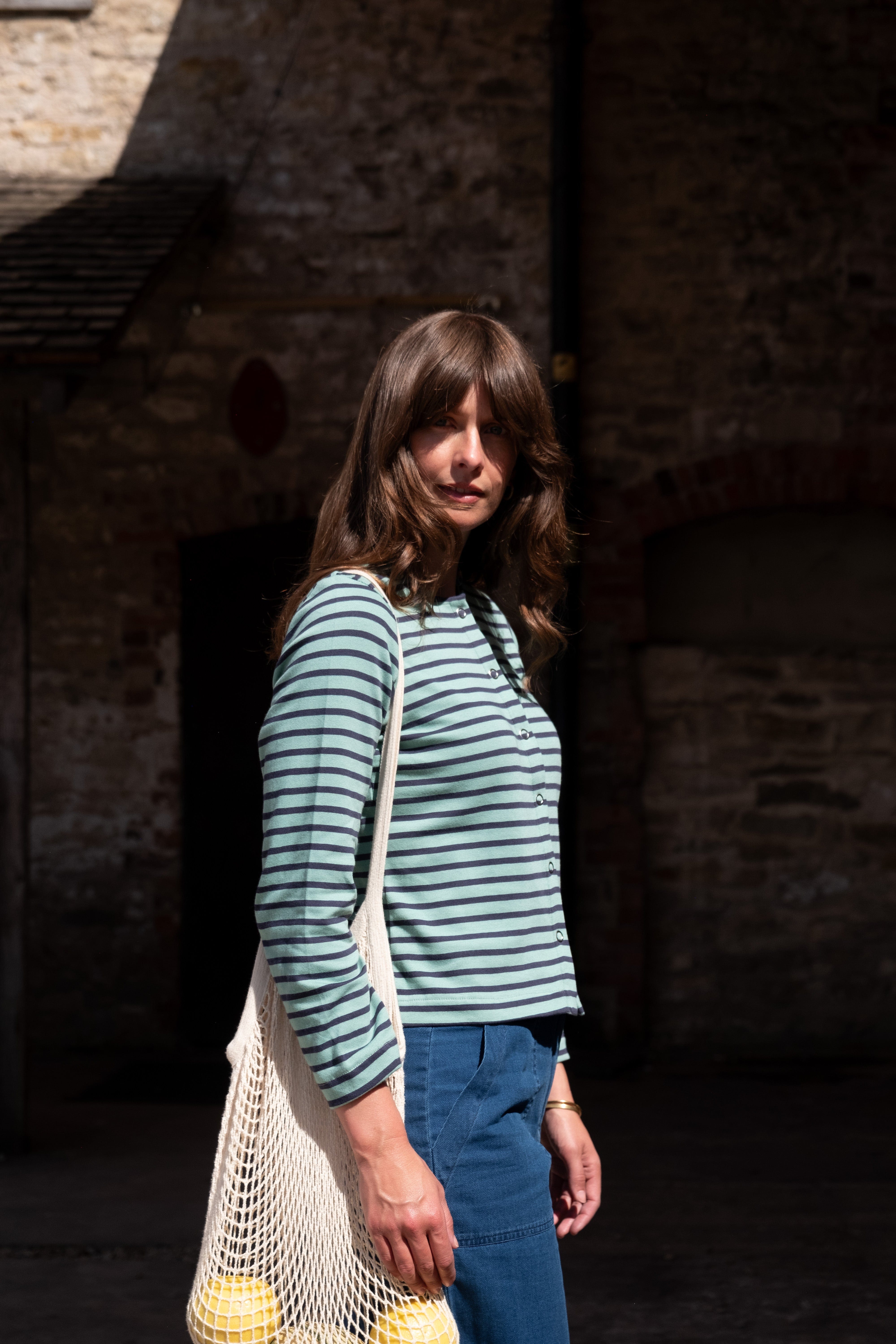 Women's Cotton Jersey Cardigan - Soft Long Sleeve Open Front Sweater in Duck Egg & Indigo Stripes | Perfect for Office Wear, Casual Outfits and Layering in Fall & Winter