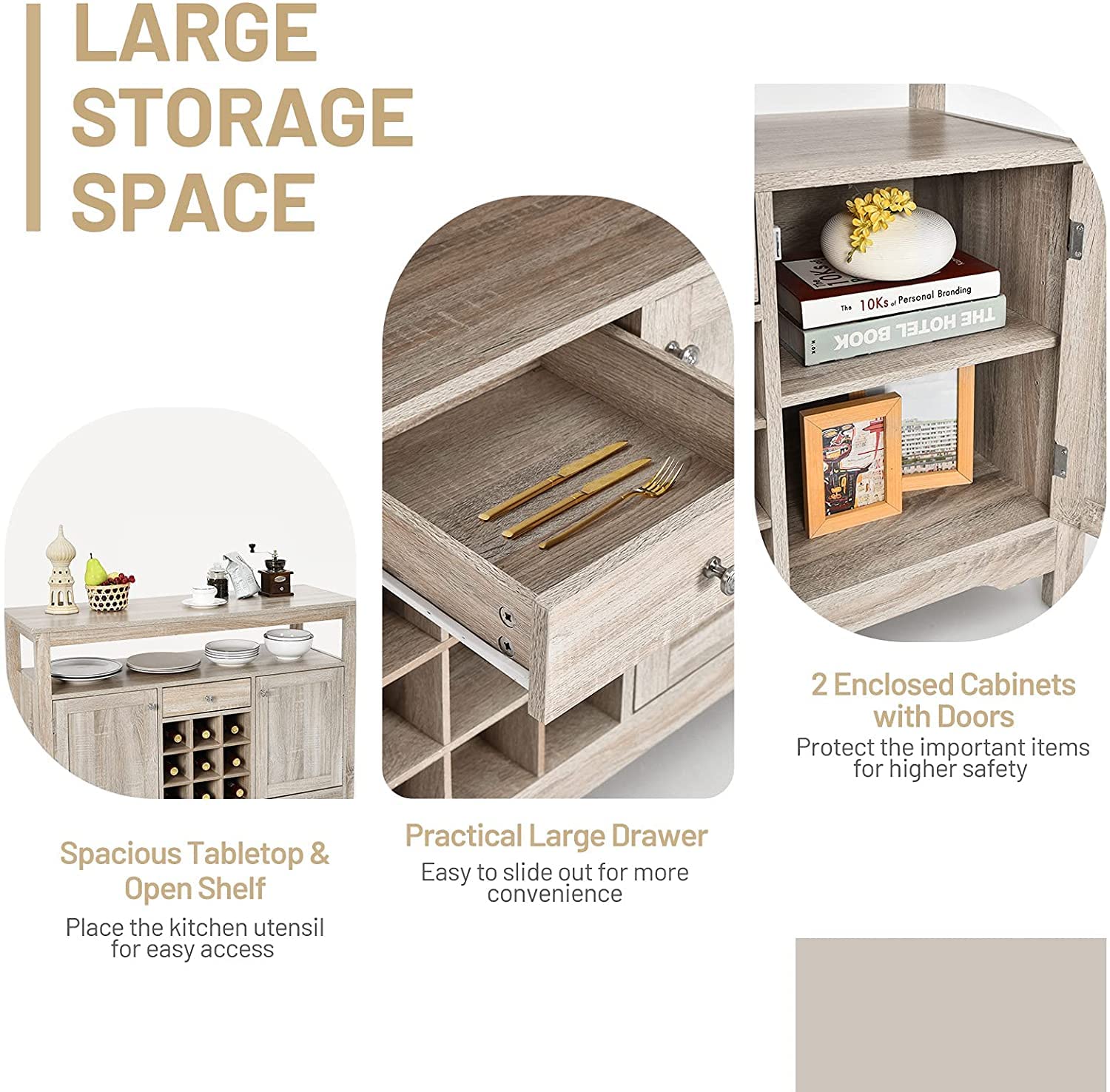 BANGTANE Buffet Kitchen Sideboard - Wooden Console Table with 2 Cabinets, Drawer, Wine Rack & Open Shelf | Storage Organizer for Living Room & Dining Room | Perfect for Home Decor & Entertaining Guests (Grey)