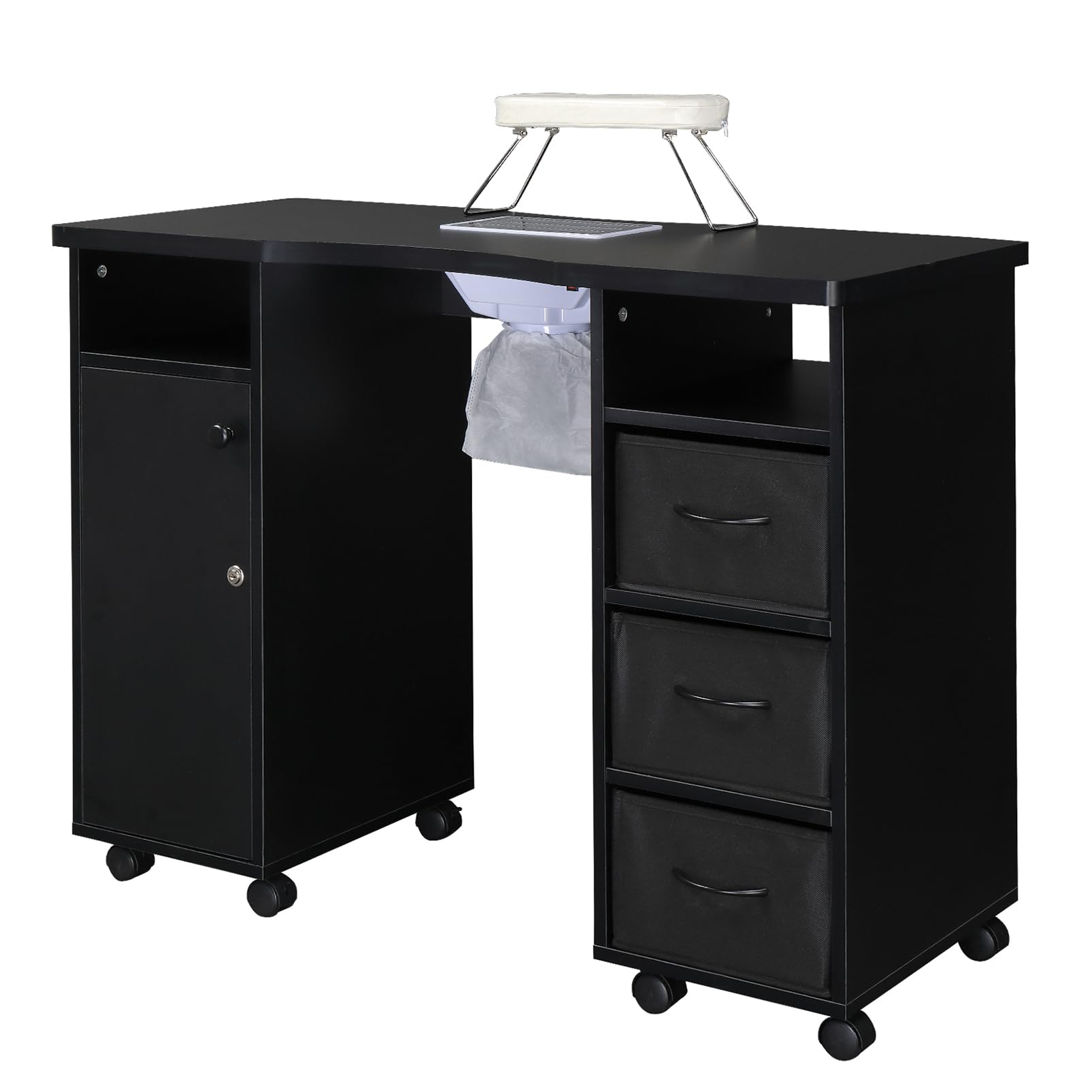 Professional Manicure Table Nail Desk with 3 Drawers, 1 Door, Dust Collector & Arm Rest Cushion - Wooden Beauty Salon Vanity Table for Spa, Home & Nail Technician Workstation - Perfect for Nail Art, Pedicures & Professional Manicures (Black)