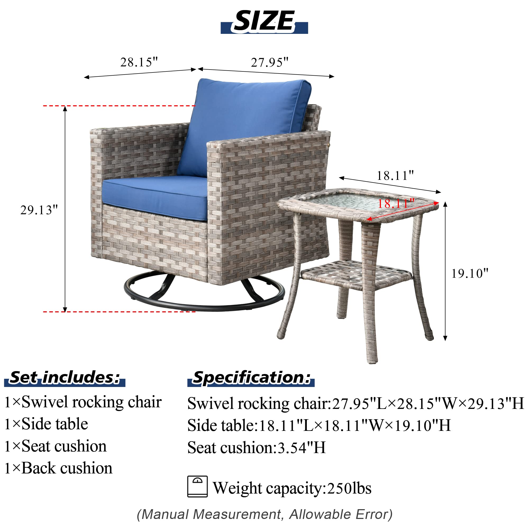 HOOOWOOO Wicker Outdoor Patio Swivel Rocking Chair with Matching Side Table Set - Navy Blue Outdoor Rocker Glider for Garden, Porch, and Backyard Relaxation