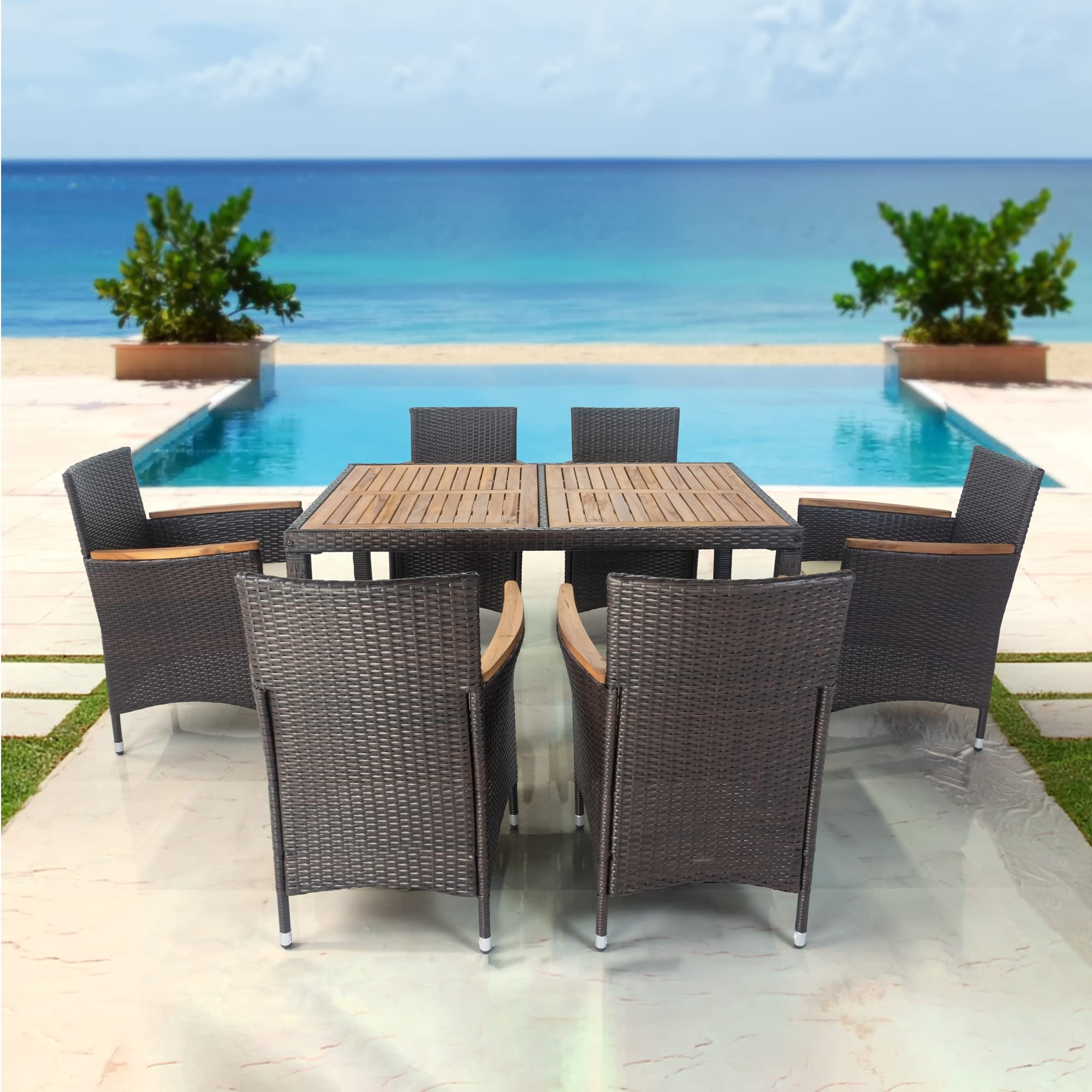 7-Piece Outdoor Patio Dining Set with PE Rattan Wicker Table & Chairs, Acacia Wood Tabletop, Stackable Armchairs with Cushions - Perfect for Backyard, Garden, Poolside & Outdoor Entertaining