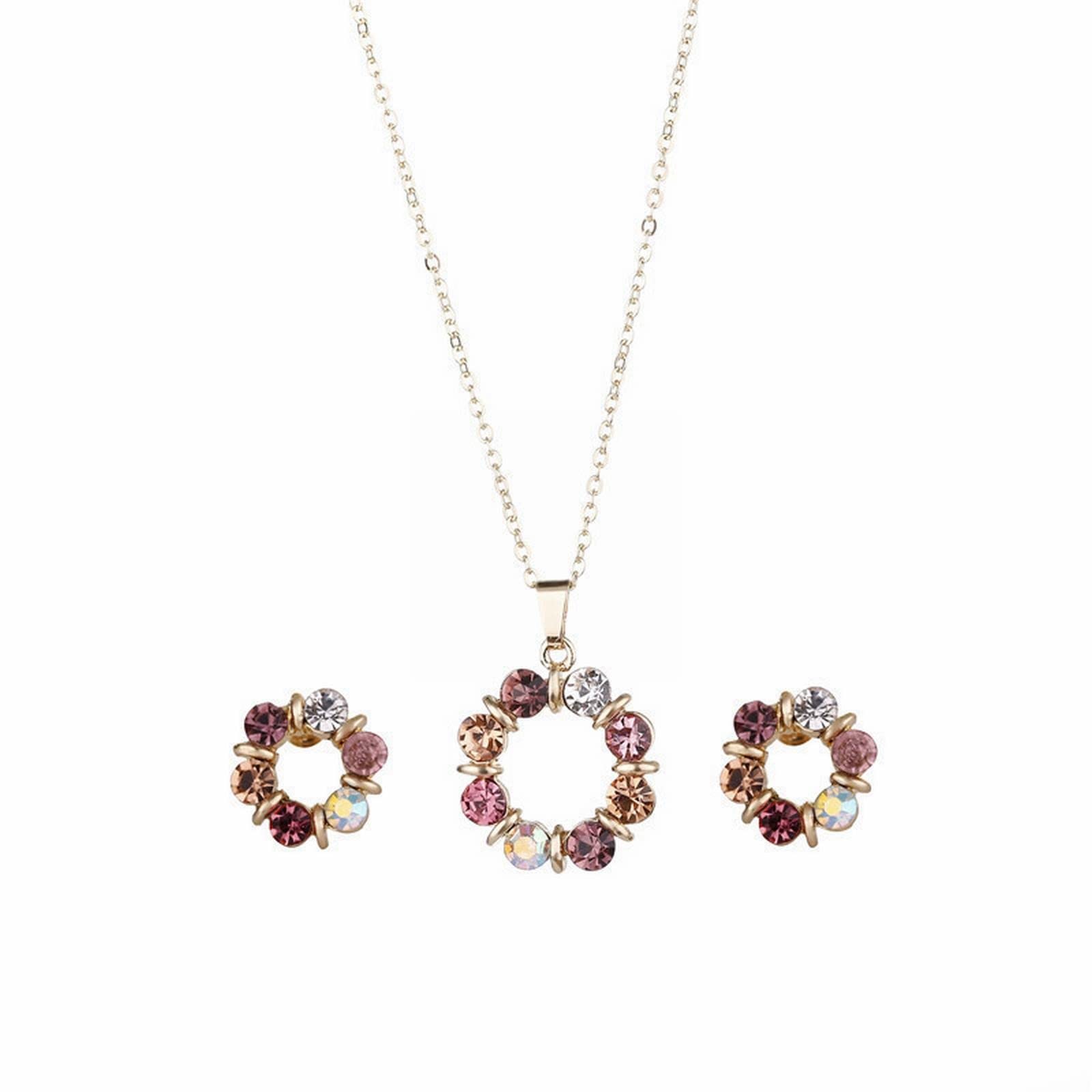 Elegant European & American Style Jewelry Set - Diamond Pendant Necklace with Color Gemstone Hoop Earrings for Women | Perfect for Date Night, Wedding & Party Accessories | Red Rose Stud & Purple Hoop Earrings 2-Piece Set