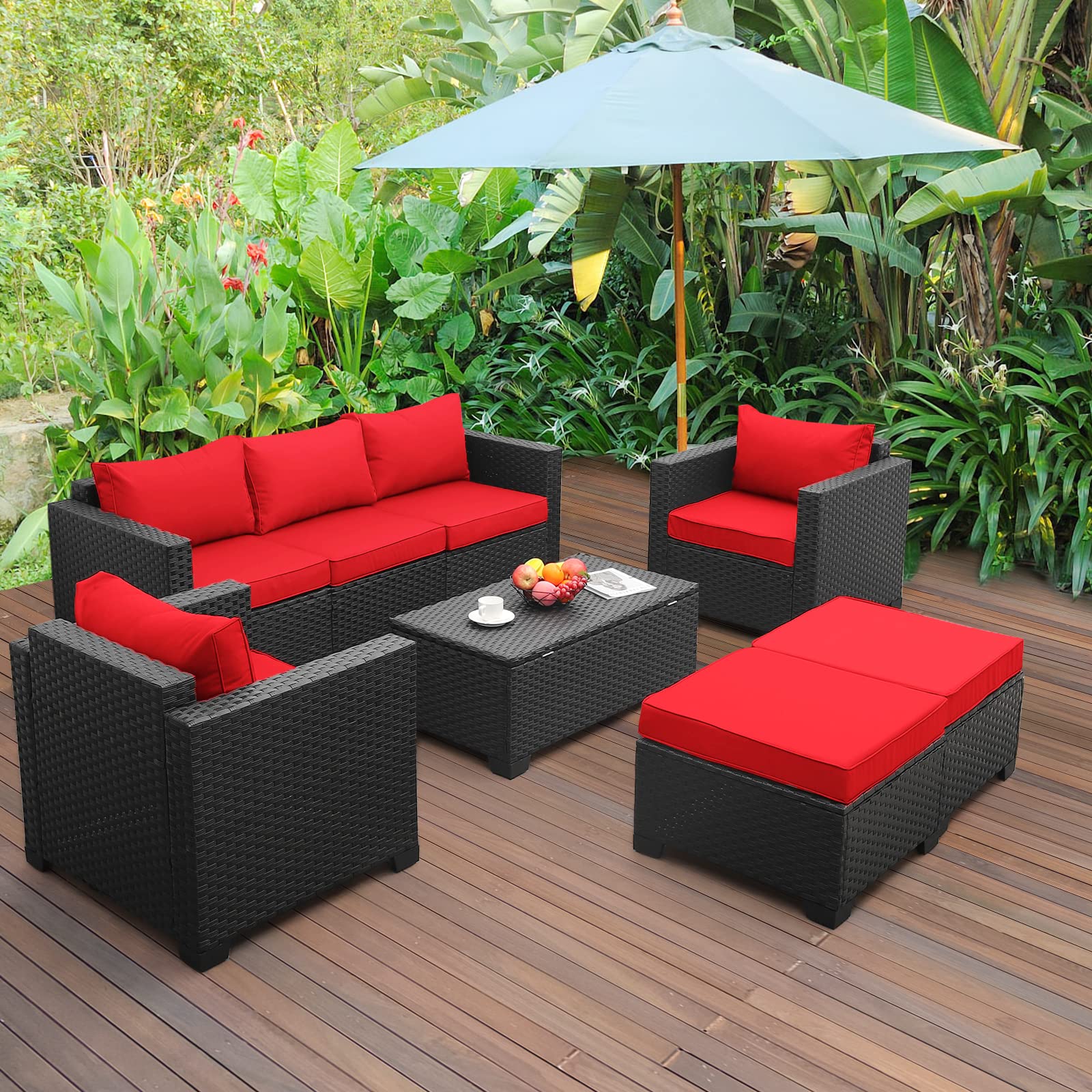 6-Piece Outdoor PE Rattan Patio Furniture Set - Wicker Conversation Sofa Sectional with Red Cushions for Garden, Poolside & Backyard Relaxation