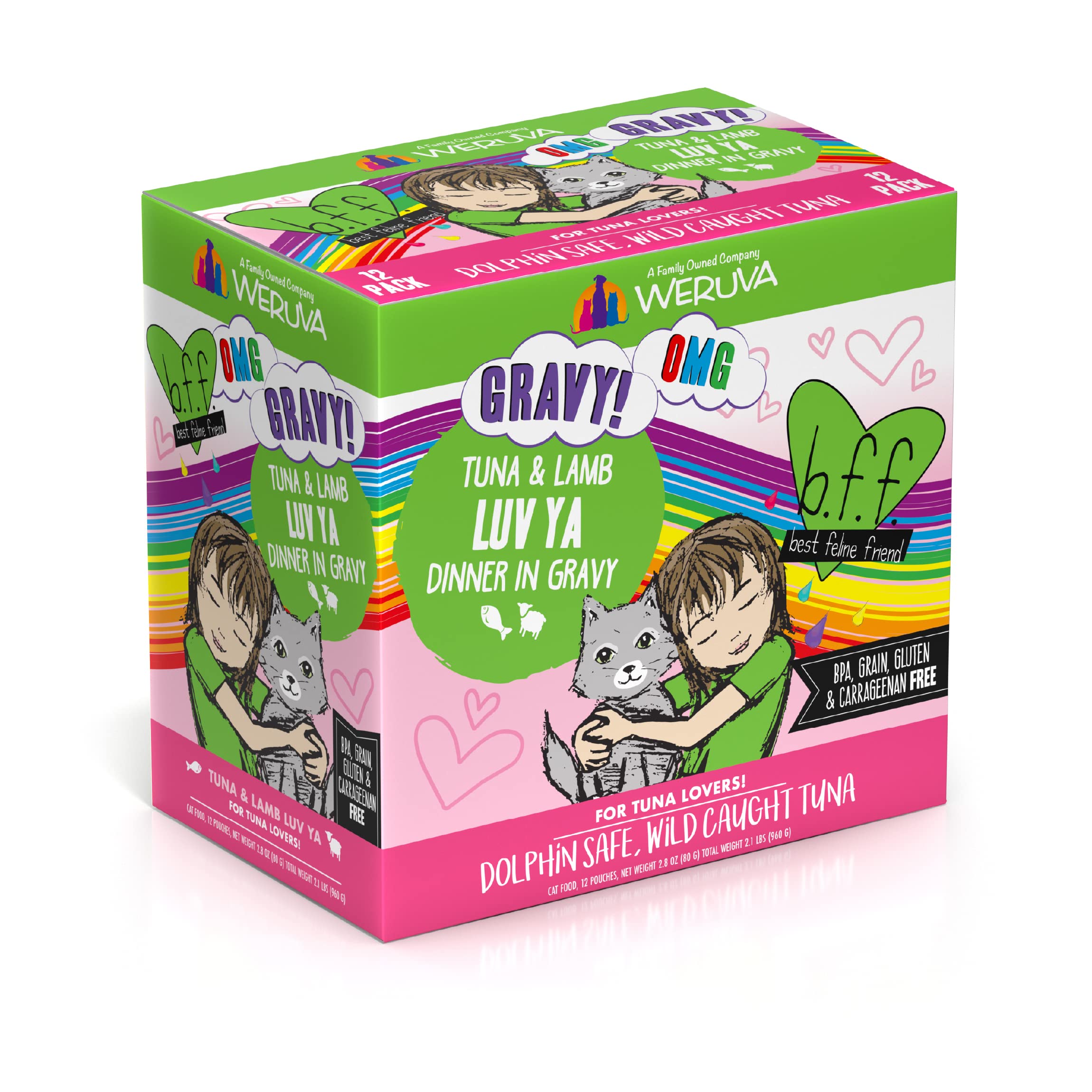 Weruva B.F.F. OMG Best Feline Friend Oh My Gravy! Tuna & Lamb Luv Ya Cat Food in Gravy - Grain-Free Wet Cat Food Pouches, 3oz (Pack of 12) - High Protein Meal for Adult & Senior Cats - Perfect for Picky Eaters & Hydration Support