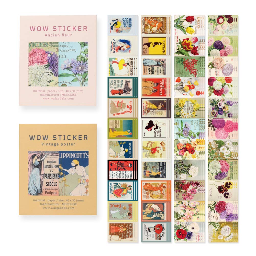 Monolike Wow Sticker Set - Vintage Flower & Poster Design - Mini Square Cute Stickers for Scrapbooking, Journaling, DIY Crafts & Planner Decor