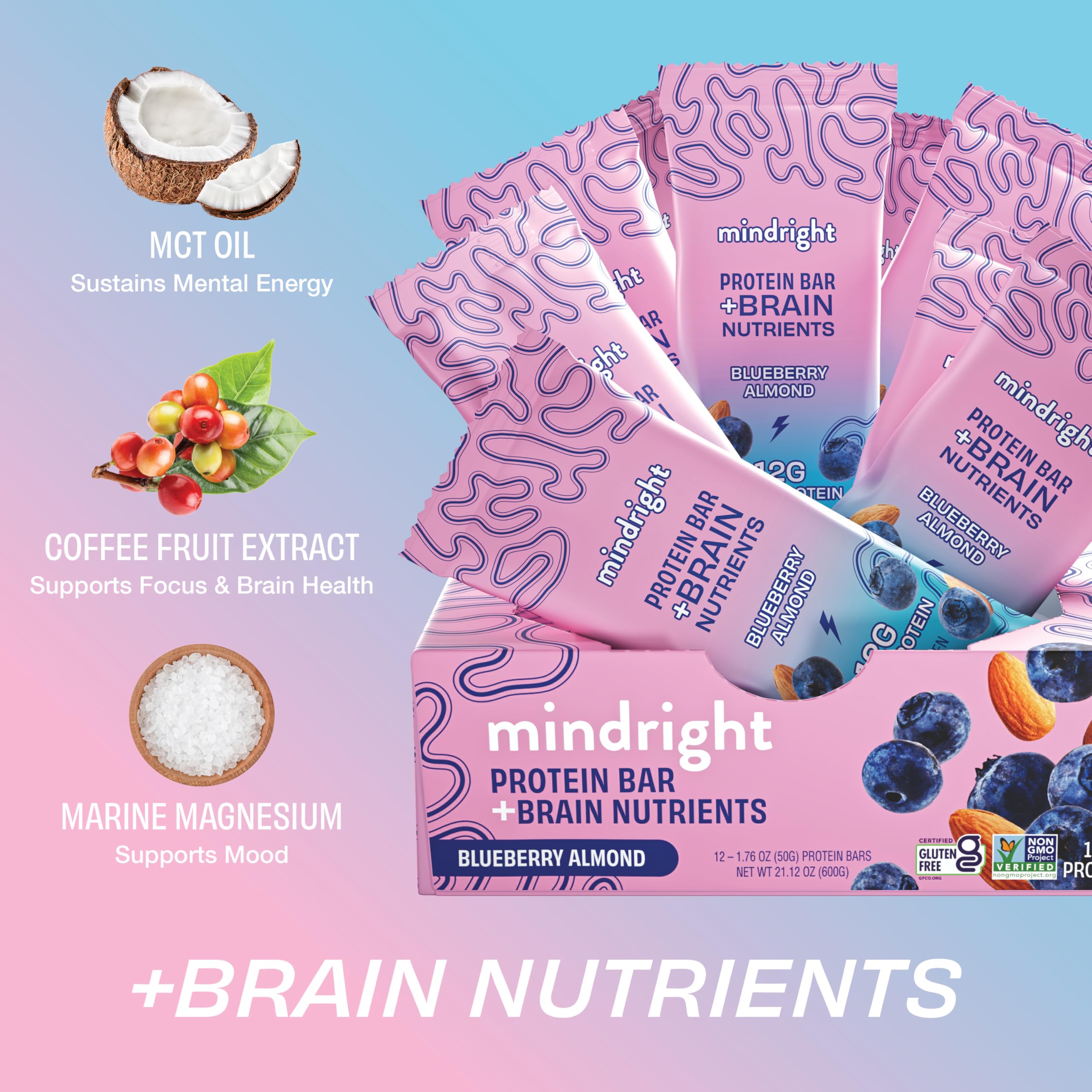 MINDRIGHT Superfood Vegan Protein Bars - Gluten Free, Non-GMO, Low Sugar, Plant-Based Protein Snacks - All Natural Brain Food for Enhanced Mood & Energy (Blueberry Almond, 12 Pack) | Perfect for Workouts, Hiking & Healthy On-the-Go Snacking