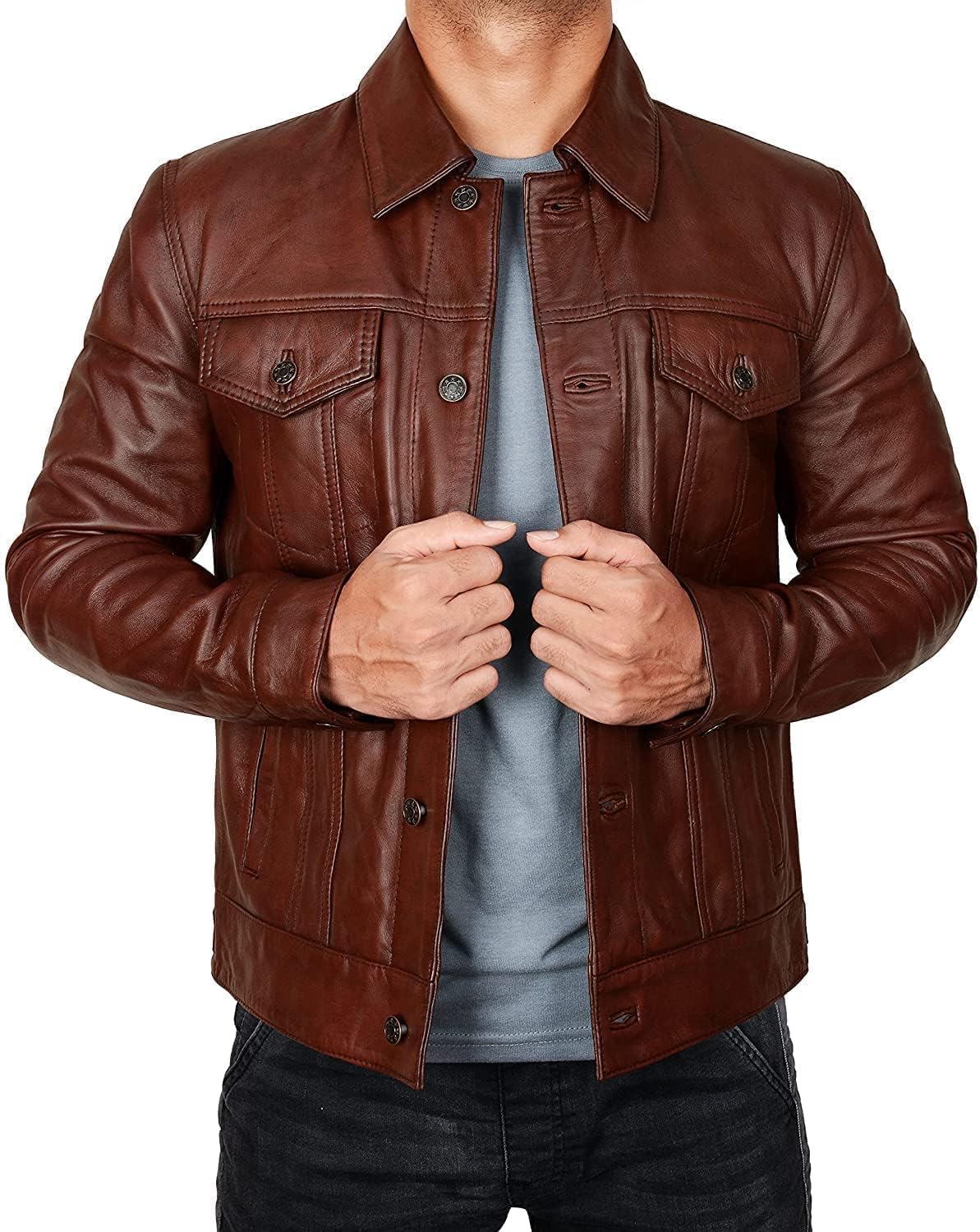 Genuine Lambskin Leather Trucker Jacket for Men - Vintage Distressed Shirt Style Biker Jacket | Perfect for Motorcycle Riding, Casual Outfits & Fall Fashion