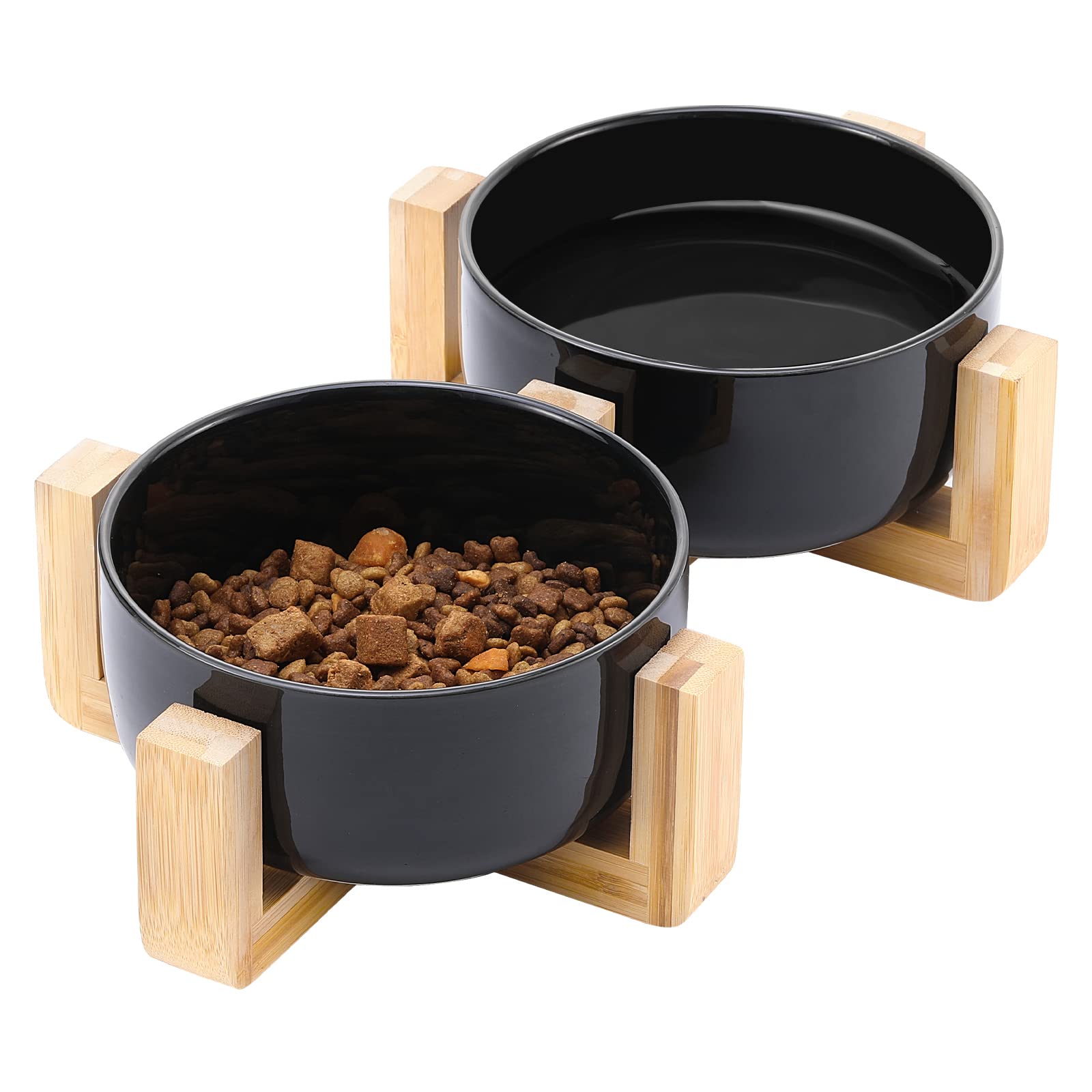 Pawaboo Ceramic Elevated Pet Bowl Set - 2 No Spill Raised Dog and Cat Bowls with Wooden Stand, Modern Double Dish for Food & Water - Perfect for Small to Medium Pets, Dining Area or Kitchen Use