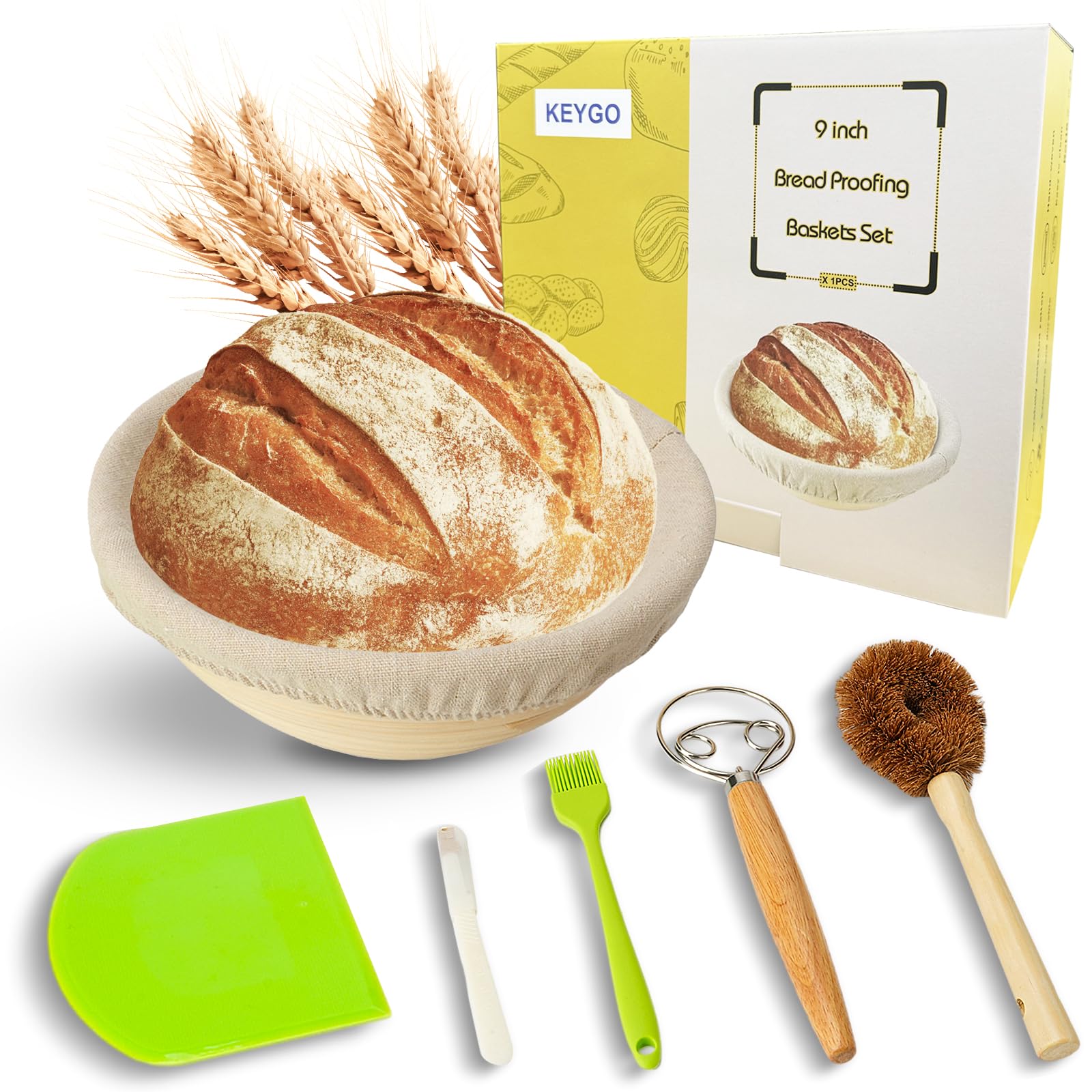 Keygo 9 Inch Round Sourdough Banneton Bread Proofing Basket Set with Linen Liner, Plastic Dough Scraper & Bread Scoring Cutter - Essential Baking Tools for Artisan Homemade Bread, Perfect for Sourdough, Baguettes & Pastry Making