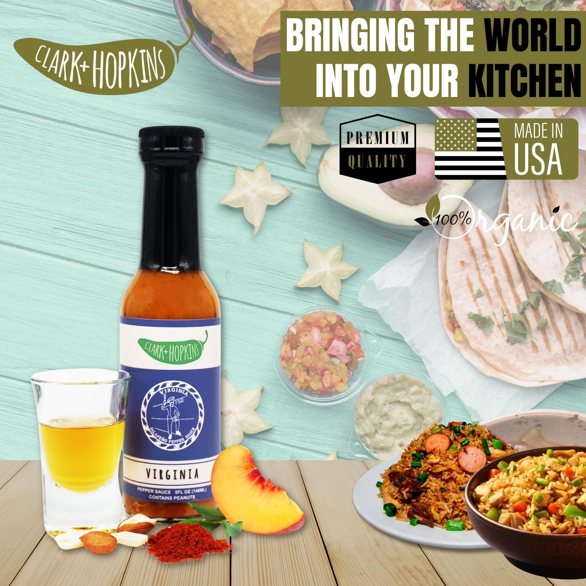 Clark + Hopkins Virginia Jalapeno Pepper Sauce with Peaches, Habanero & Whiskey - Medium Heat Hot Sauce (5 oz) - Perfect for Tacos, Wings & BBQ Glazes
