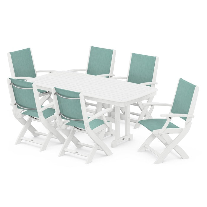 POLYWOOD Coastal Folding Arm Chair 7-Piece Outdoor Dining Set - Perfect for Patio, Deck, Poolside & Beachfront Entertaining