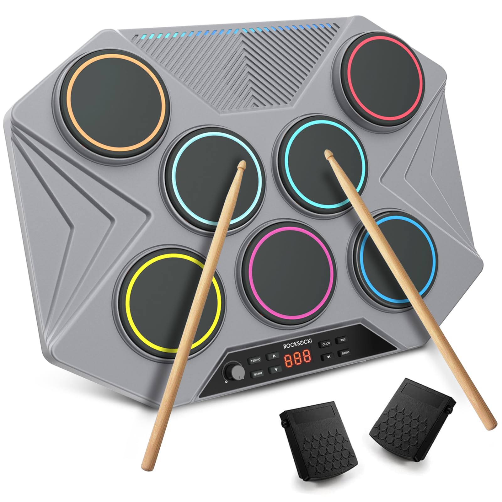 Electronic Tabletop Drum Set - Portable Digital Drum Kit with 7 Velocity-Sensitive Pads, LED Level Indicator, USB/MIDI Connectivity for Mac & PC - Perfect for Home Practice, Studio Recording & Beginners Learning Drums