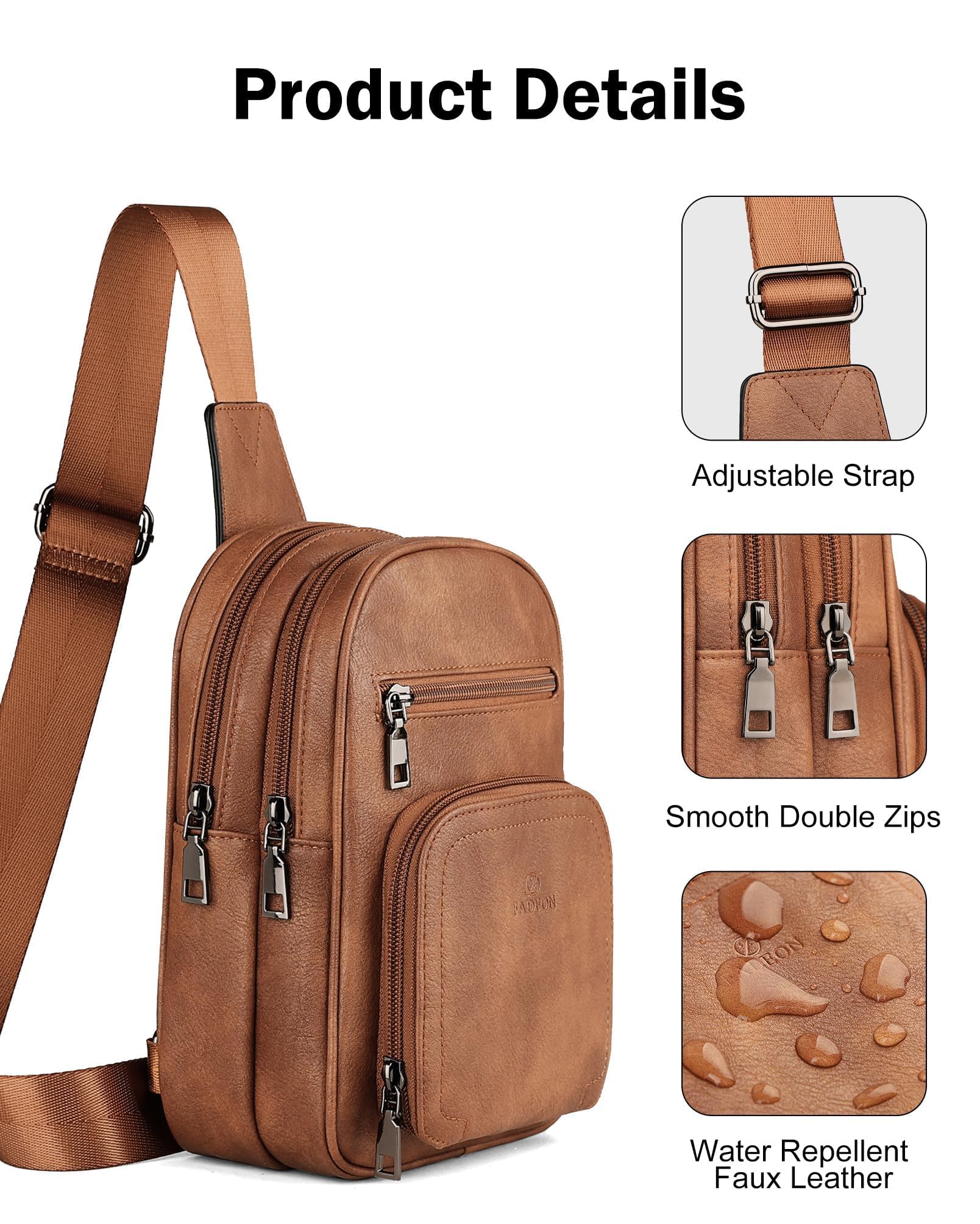 FADEON Women's Crossbody Sling Bag - Fashionable PU Leather Shoulder Purse with Multiple Pockets & Card Slots (Brown) | Perfect for Travel, Shopping & Daily Essentials Organization