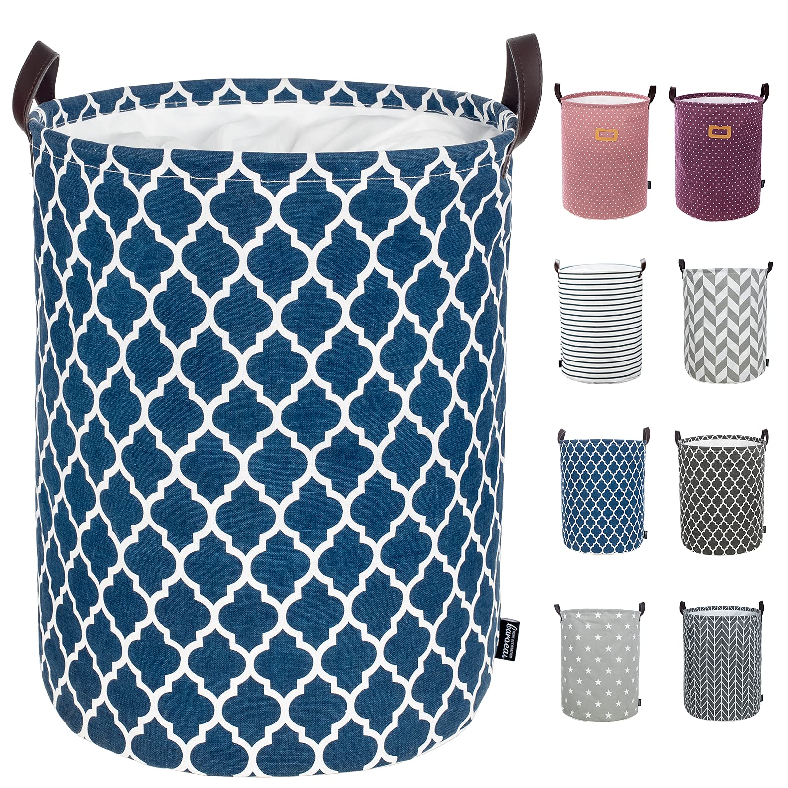 Caroeas 18-Inch Waterproof Collapsible Laundry Basket with Drawstring Closure & Soft Leather Handles - Large Laundry Hamper for Easy Storage (Blue Quatrefoil) - Perfect for Dorm, Apartment, and Laundry Room Organization