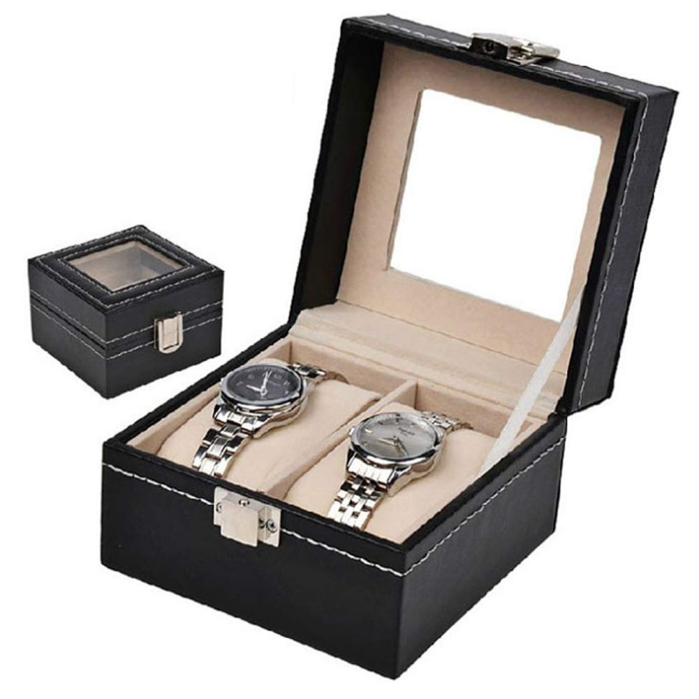 Teensery 2-Slot Black Leather Watch Box with Glass Top - Stylish Watch Storage Case & Jewelry Organizer for Men and Women - Perfect for Travel, Home Display, and Gift Giving