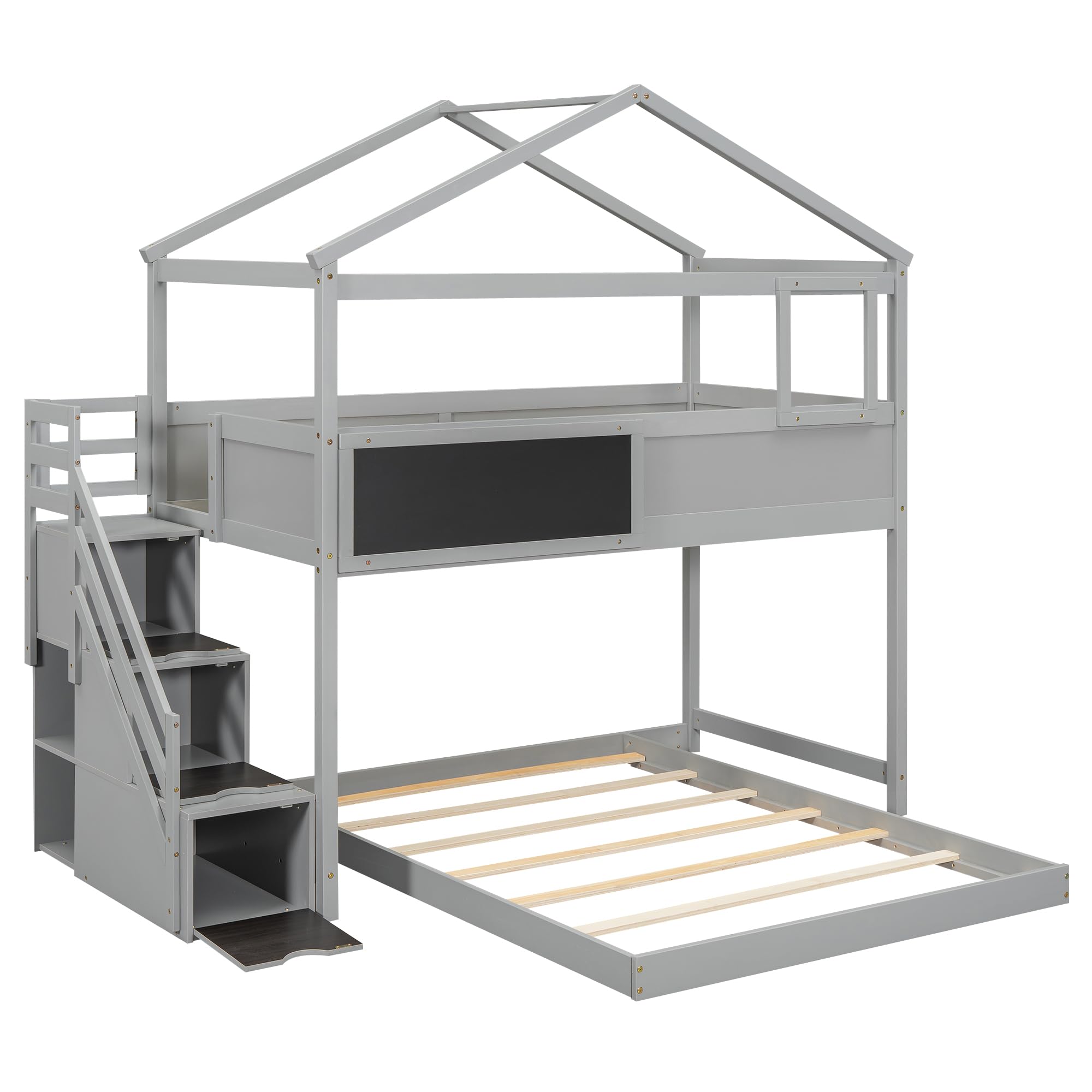 P PURLOVE Twin Over Full House Bunk Bed for Kids with Storage Staircase - Wooden Bunk Bed Frame with House Shape & Blackboard - Space-Saving Kids Bedroom Furniture for Siblings or Sleepovers