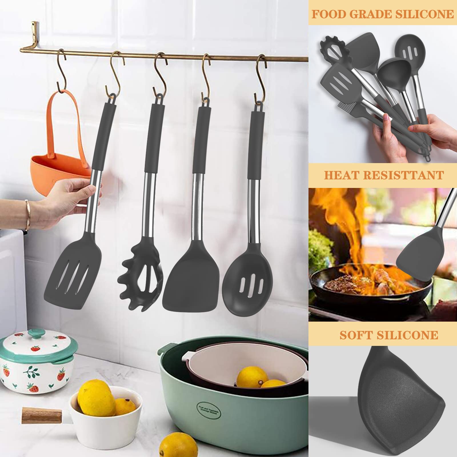 **Umite Chef 43-Piece Silicone Cooking Utensil Set with Stainless Steel Handles – Heat-Resistant Kitchen Tools for Nonstick Cookware, Pots & Pans – Perfect for Baking, Frying & Everyday Cooking (Grey)**