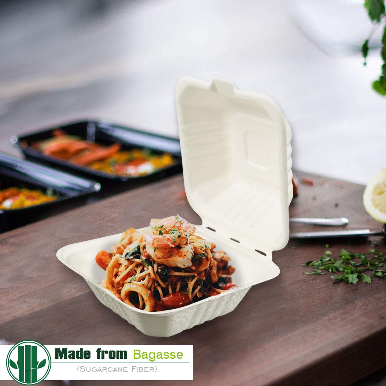 Eco-Friendly 6-inch 500-Count Compostable Clamshell Food Containers - Natural Bagasse (Sugarcane Fiber) Biodegradable Take-Out Boxes with Hinged Lid, Microwave Safe & Gluten-Free | Perfect for Restaurants, Catering, Meal Prep & Sustainable Food Packaging
