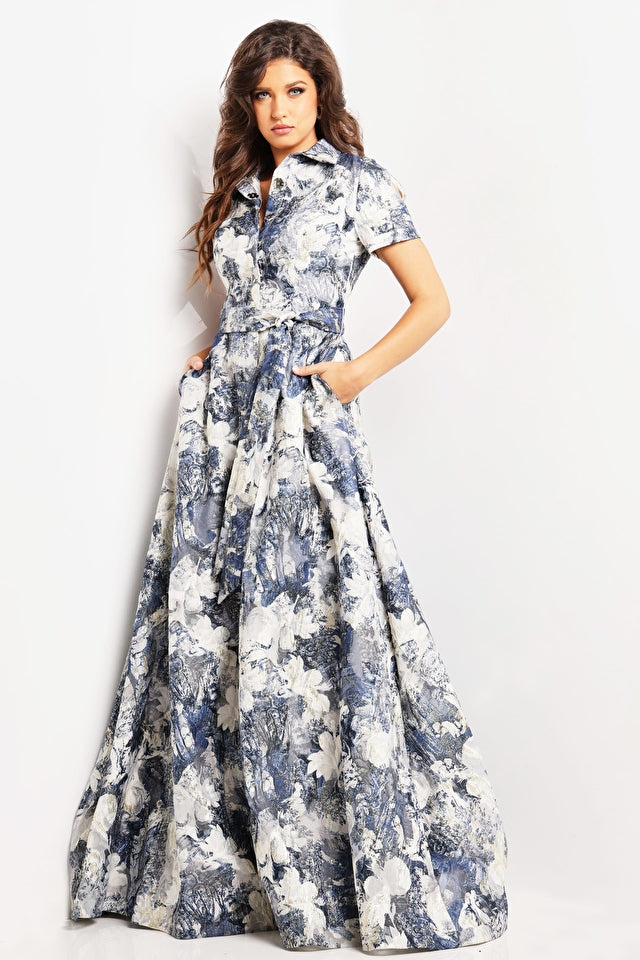 Jovani 25664 Floral Print Short Sleeve A-Line Prom Dress for Women - Perfect for Homecoming, Cocktail Parties & Evening Events