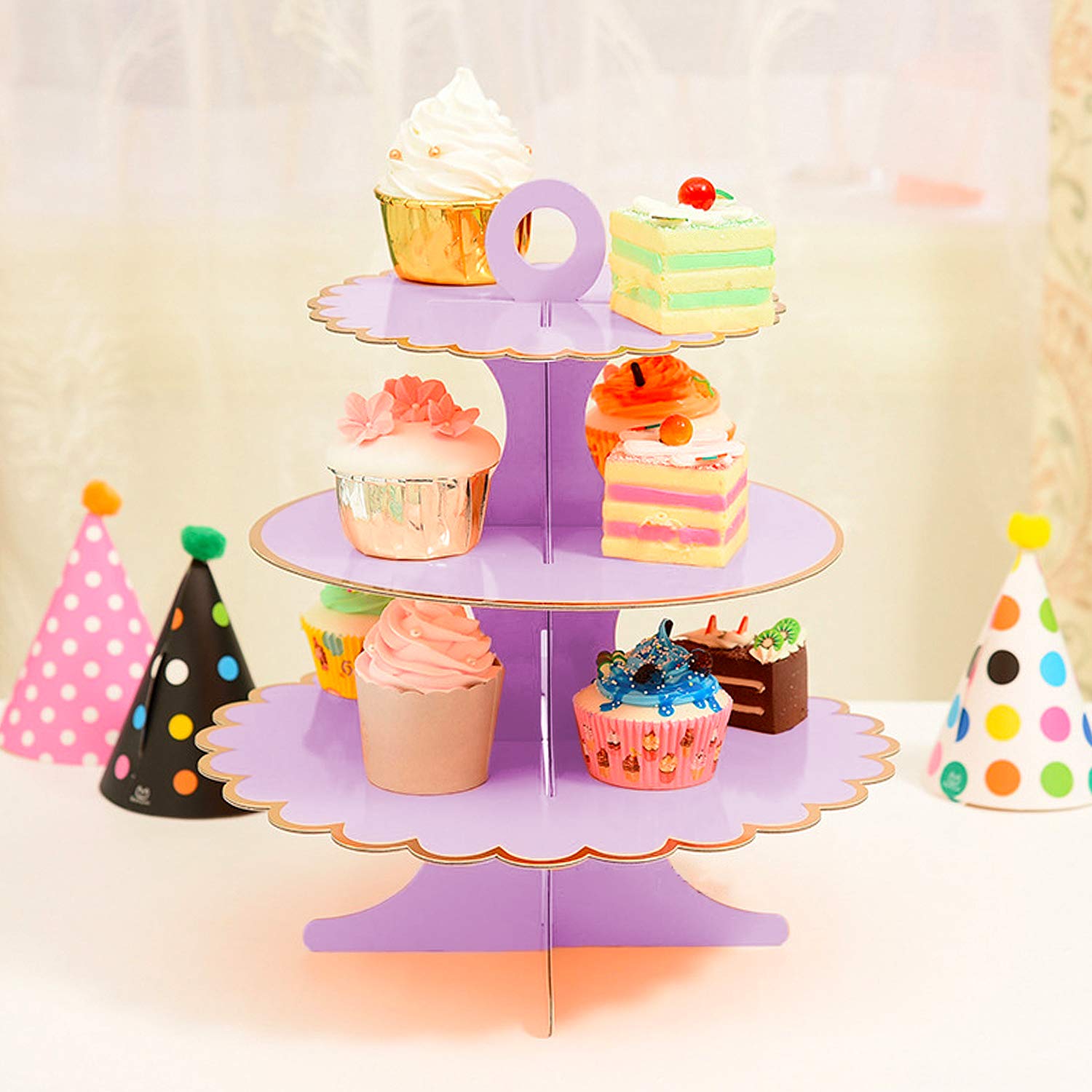 3-Tier Cupcake Stand Set - Purple Cardboard Dessert Display Tower for Mini Cakes, Cookies & Candy Buffet | Perfect for Birthday Parties, Baby Showers & Wedding Receptions