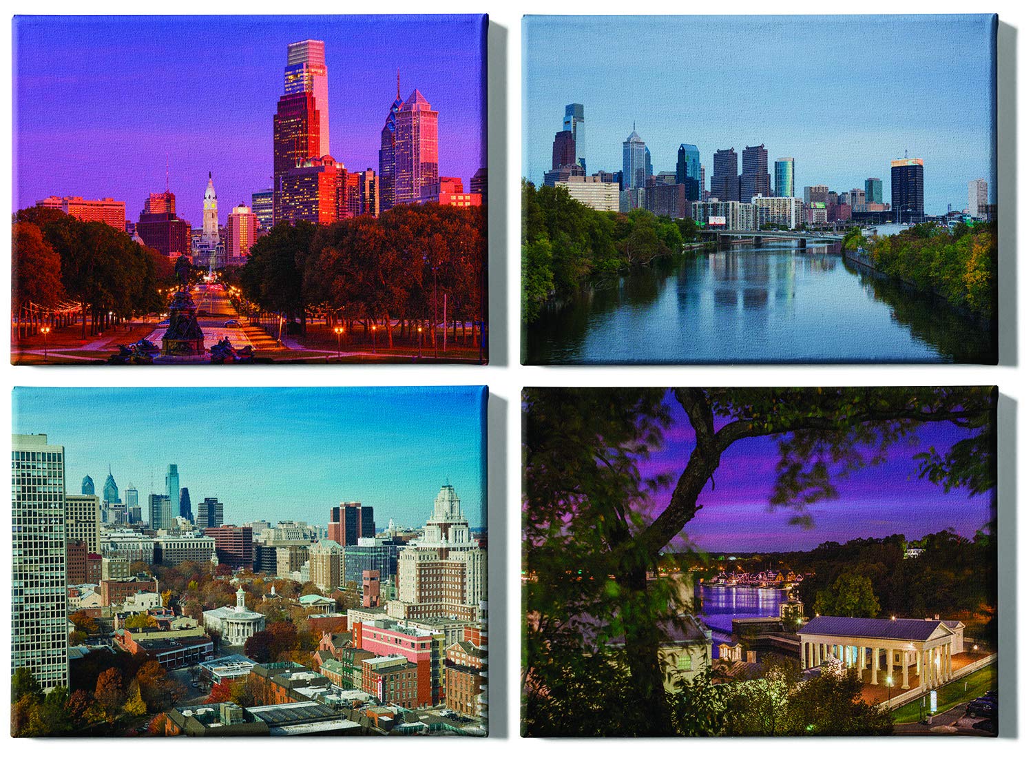 Philadelphia Cityscape Stretched Canvas Wall Art Prints - Set of 4 Modern Office & Home Decor Collection | Perfect for Living Room, Bedroom & Office Wall Decor