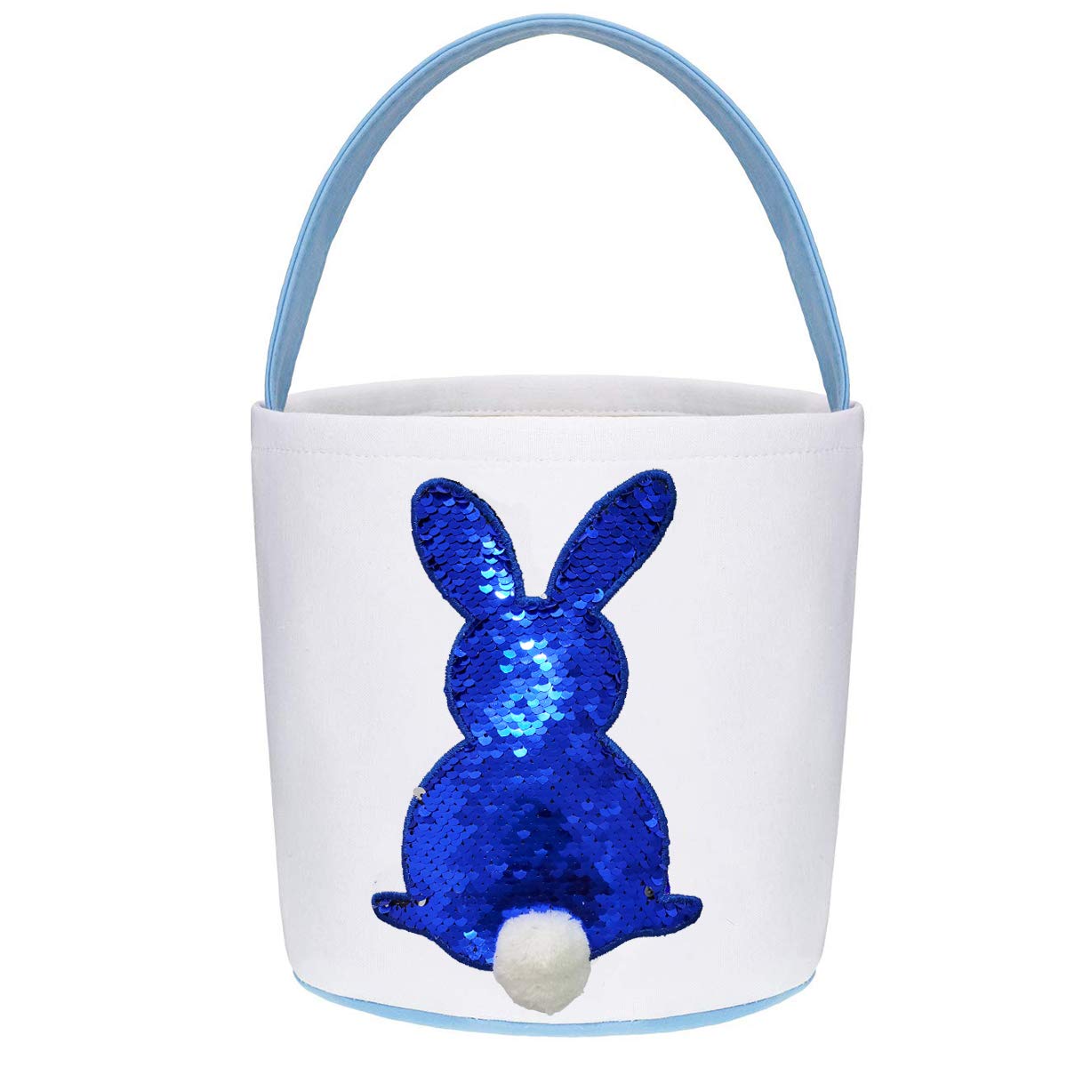 Poptrend Easter Basket Bags - Bunny Tote Bucket for Easter Eggs, Toys & Candy - Kids Easter Gift Baskets with Blue Paillette Design - Perfect for Easter Egg Hunts, Party Favors & Holiday Gifting