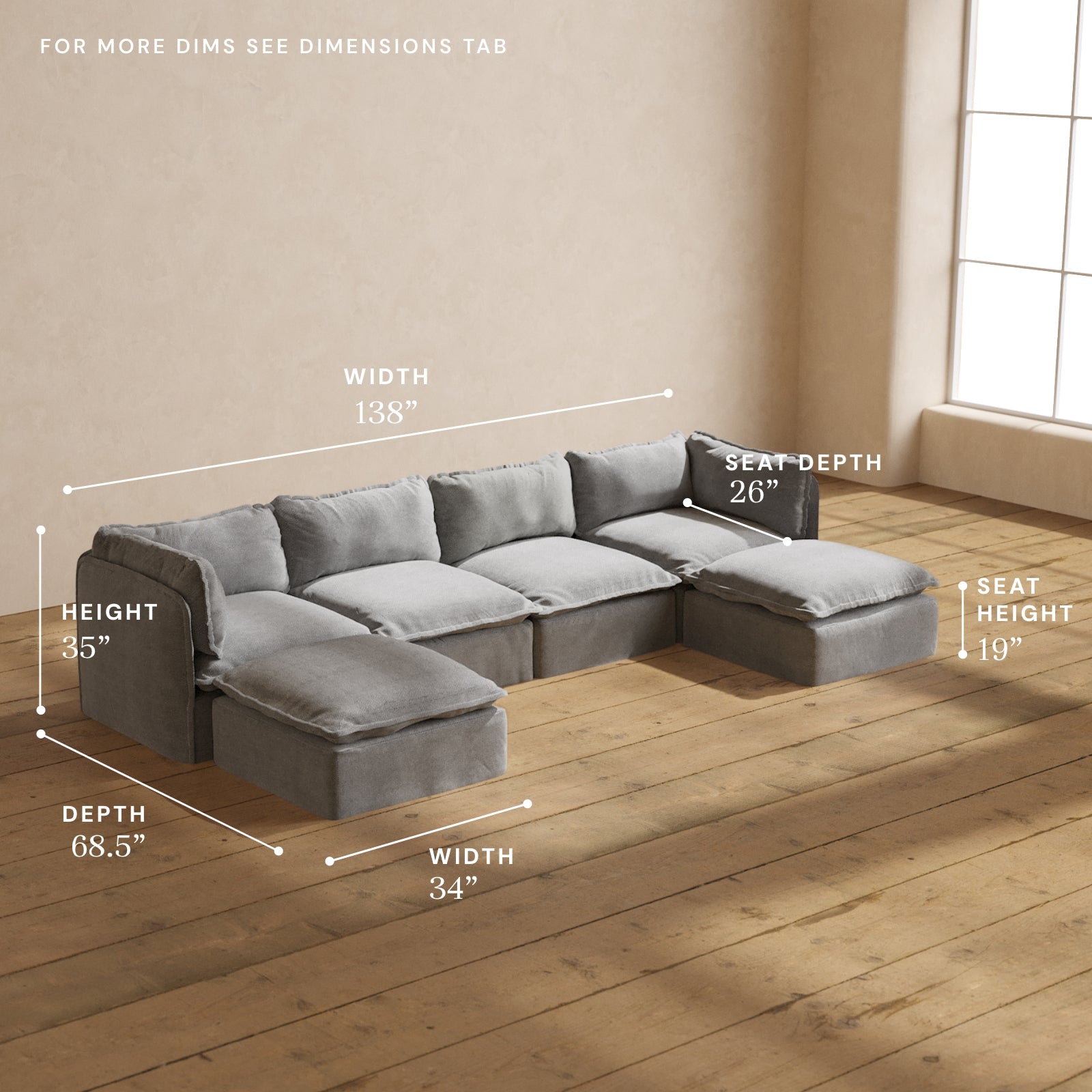 Modular Performance 4-Seater U-Shaped Sectional Sofa in Ash Gray | Relaxed Blend Fabric | Perfect for Living Room, Family Room & Home Theater