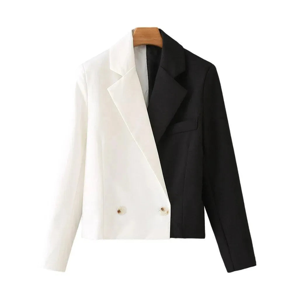 Black & White Crop Blazer for Women | Casual Patchwork Jacket | Office Wear & Spring Outfits