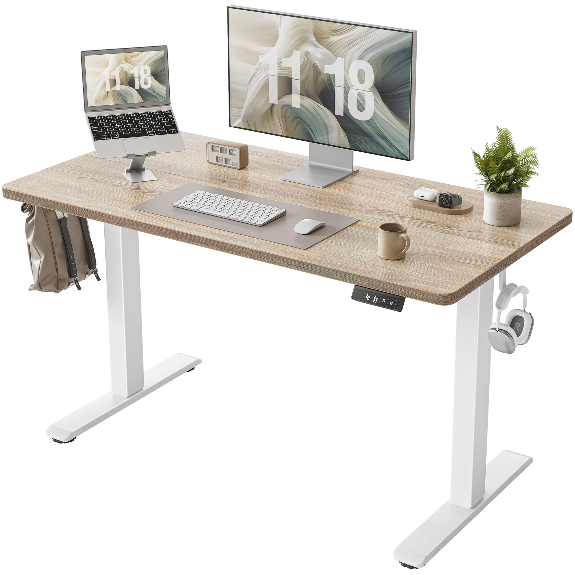 TIQLAB 47 x 24 Inch Electric Height Adjustable Standing Desk - Sit to Stand Home Office Desk with Splice Board, White Frame & Maple Top - Perfect for Remote Work, Gaming, and Ergonomic Workspaces