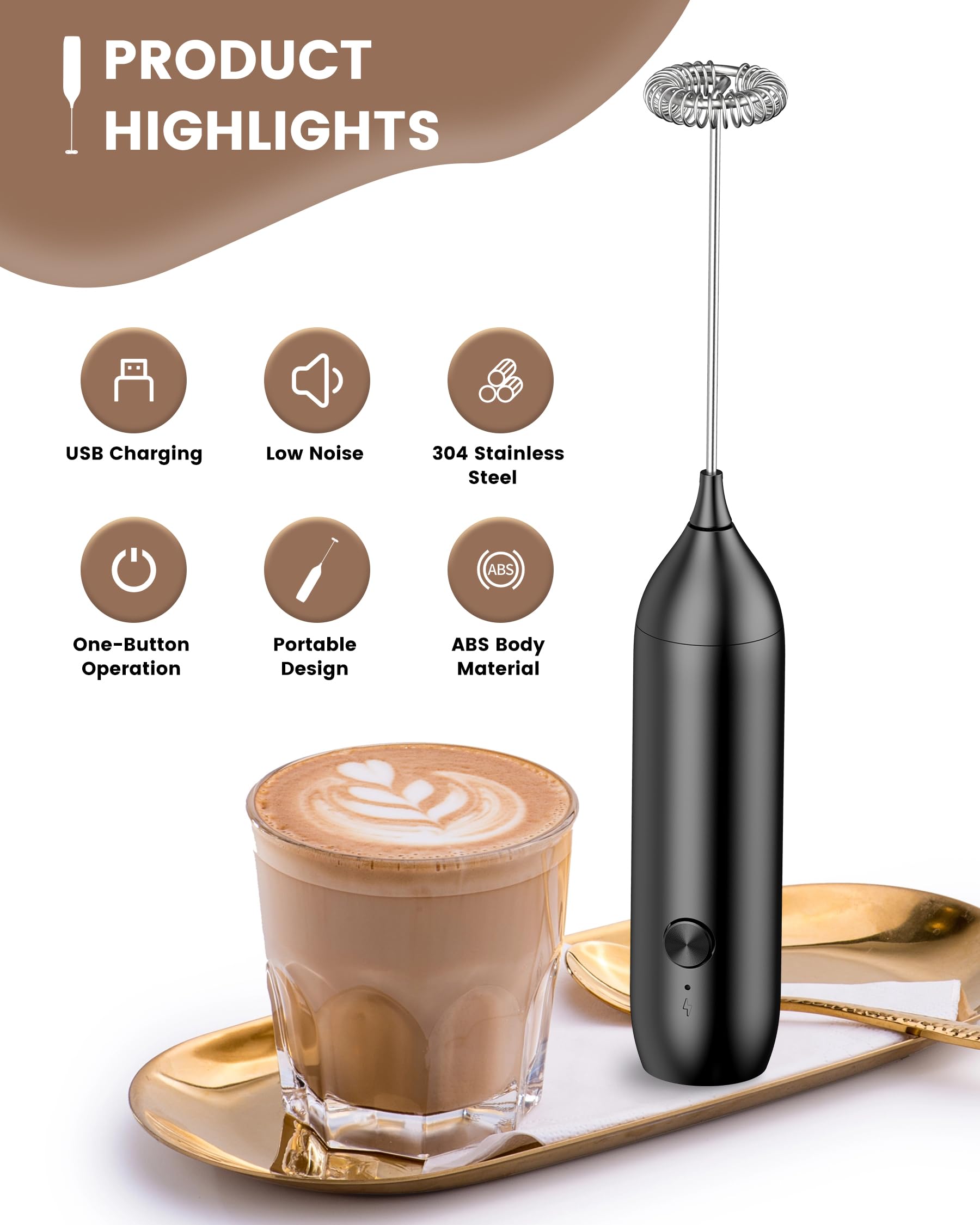 Rechargeable Milk Frother Wand with USB-C & Stainless Steel Whisk - Powerful Electric Frother for Coffee, Latte, Cappuccino, Mocha - Perfect for Home, Office & Travel Use