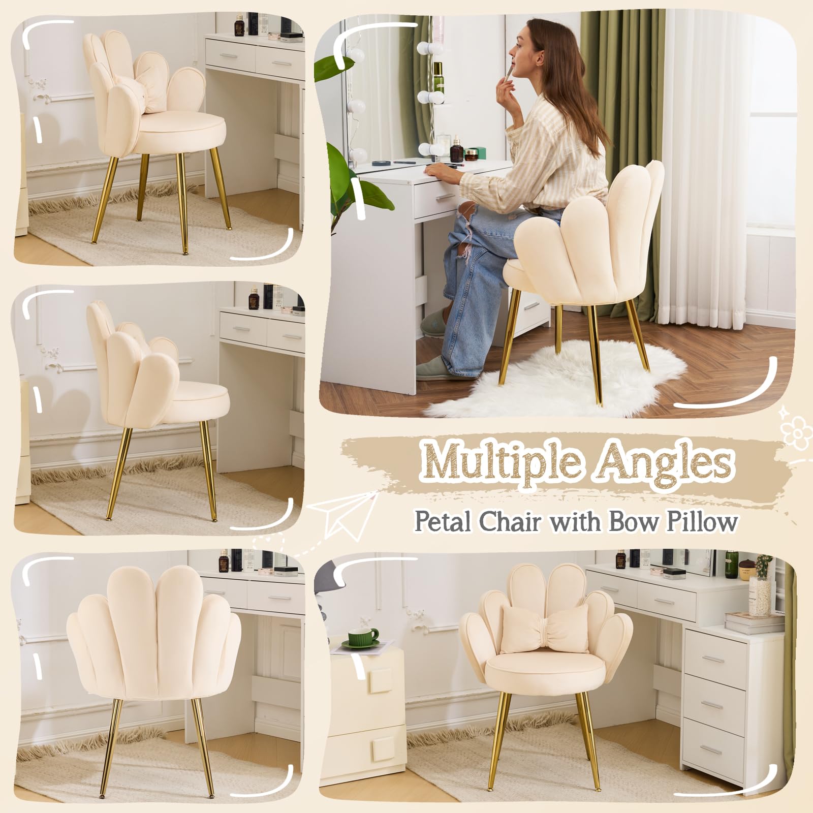 VINGLI Velvet Petal Makeup Vanity Chair with Back - Cute Flower Design Desk Chair, Adjustable Gold Legs & Bow Pillow - No Wheels Comfy Seating for Home Office, Bedroom, Dressing Room - Modern Accent Chair in Beige