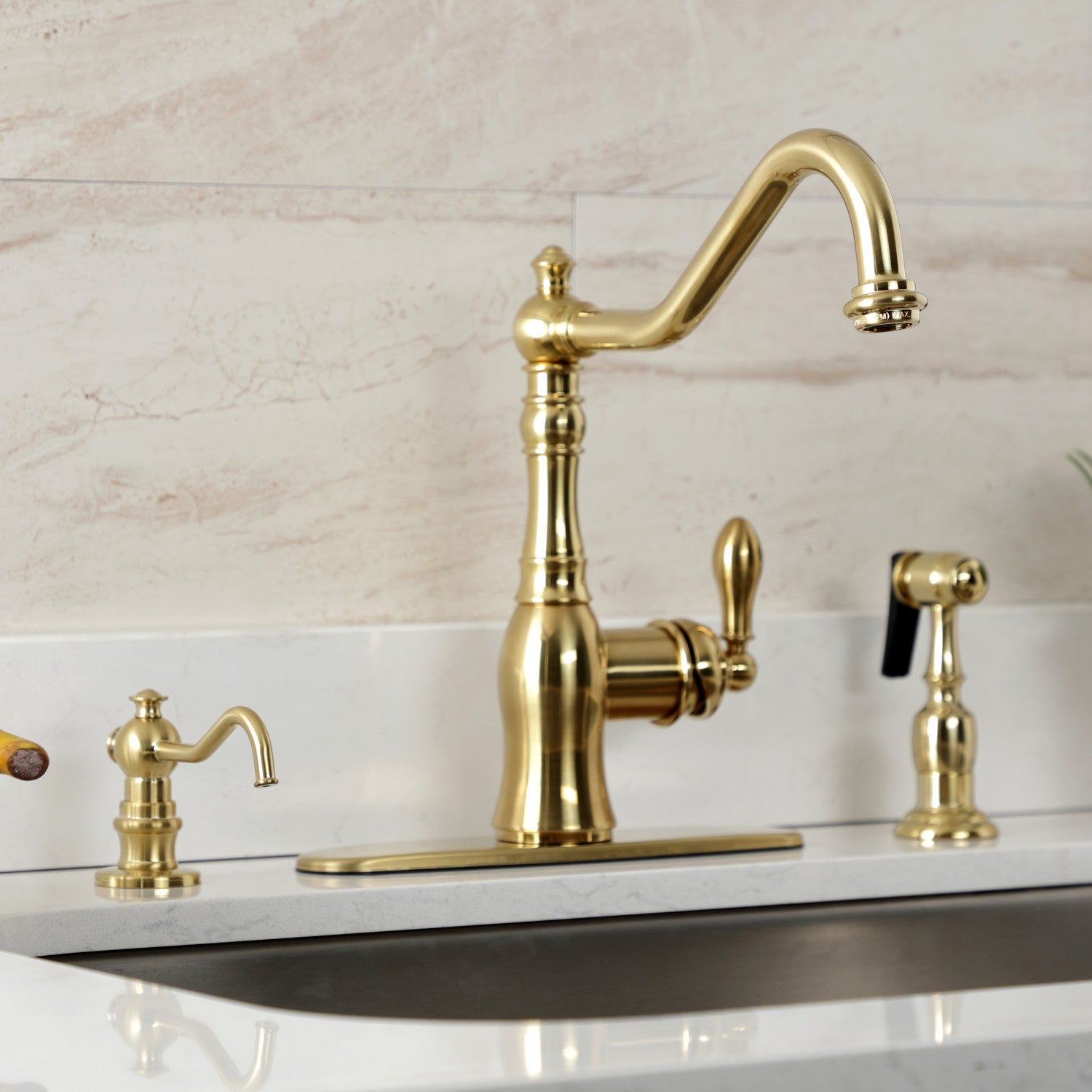 American Classic GSY7707ACLBS Single Handle 2 or 4 Hole Deck Mount Kitchen Faucet with Brass Side Sprayer, Brushed Brass - Perfect for Modern Farmhouse & Commercial Kitchens