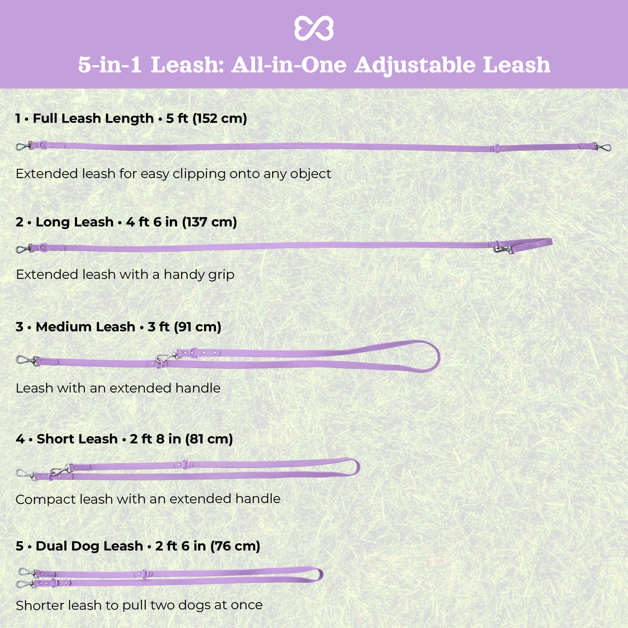 Waterproof PVC Rubber Dog Leash with Dual Clip - BearBone Double Ended Adjustable Leash for Small Dogs | Durable & Versatile for Walking, Training & Outdoor Adventures (Lilac)